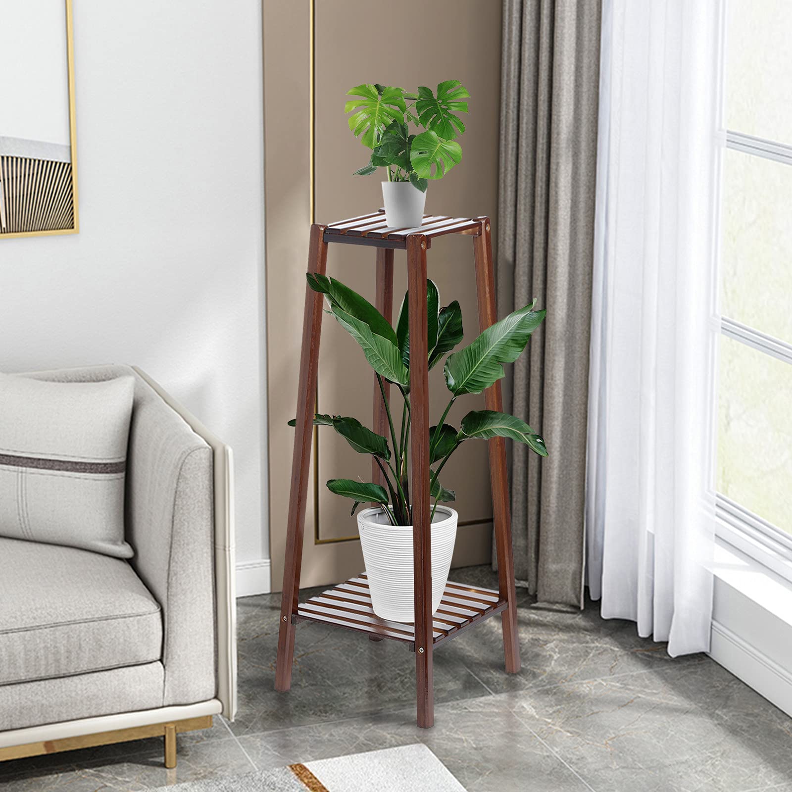 2-Tier Bamboo Plant Stand - Indoor/Outdoor Flower Pot Holder Display Rack for Home & Garden Decor - US Stock - Perfect for Balcony, Patio, and Living Room Plant Arrangements