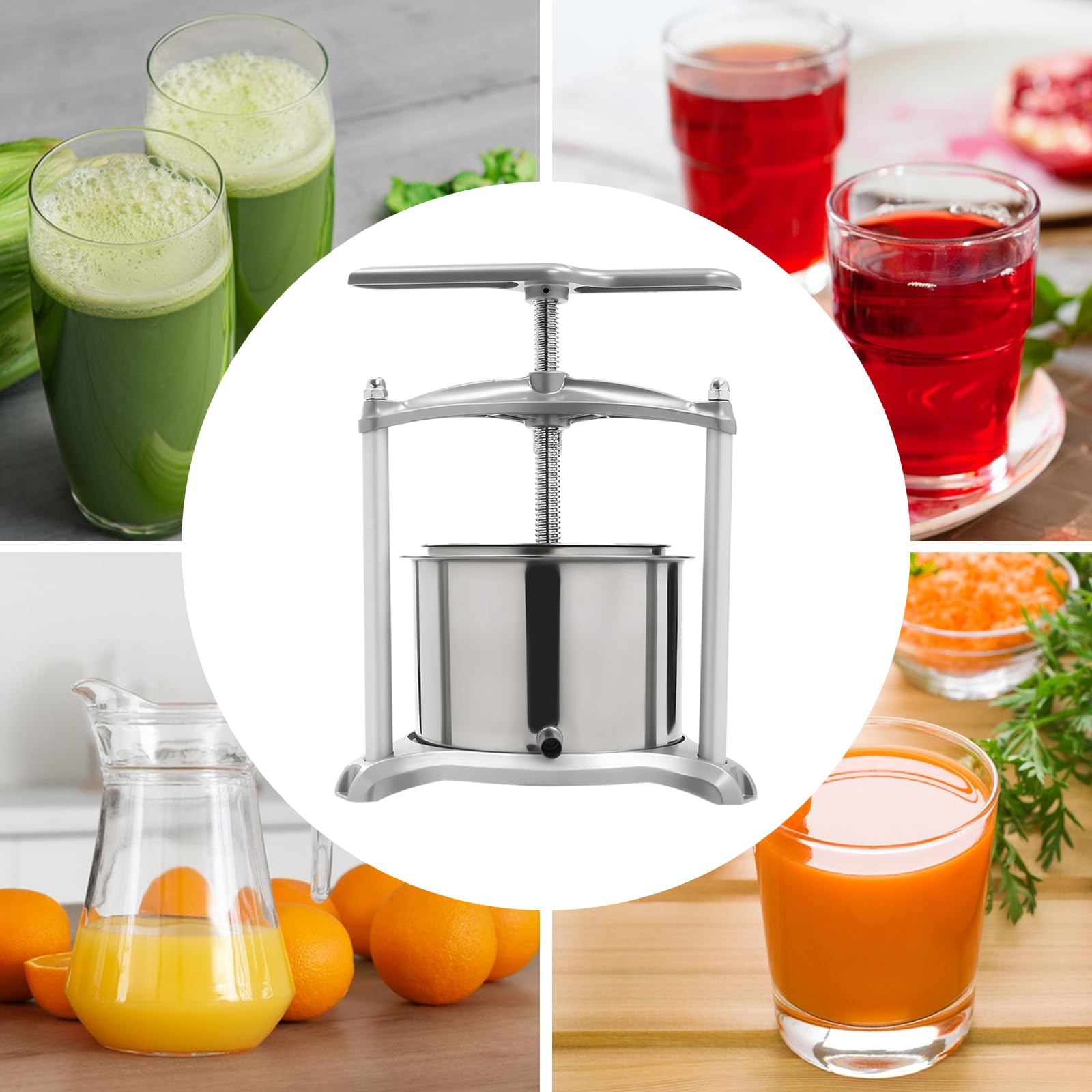 Stainless Steel 6L/1.59Gal Manual Fruit Wine Press with T-Handle - Grape Cider, Cheese, Herbs, Olive Oil & Honey Pressing Equipment for Home Brewing & DIY Winemaking
