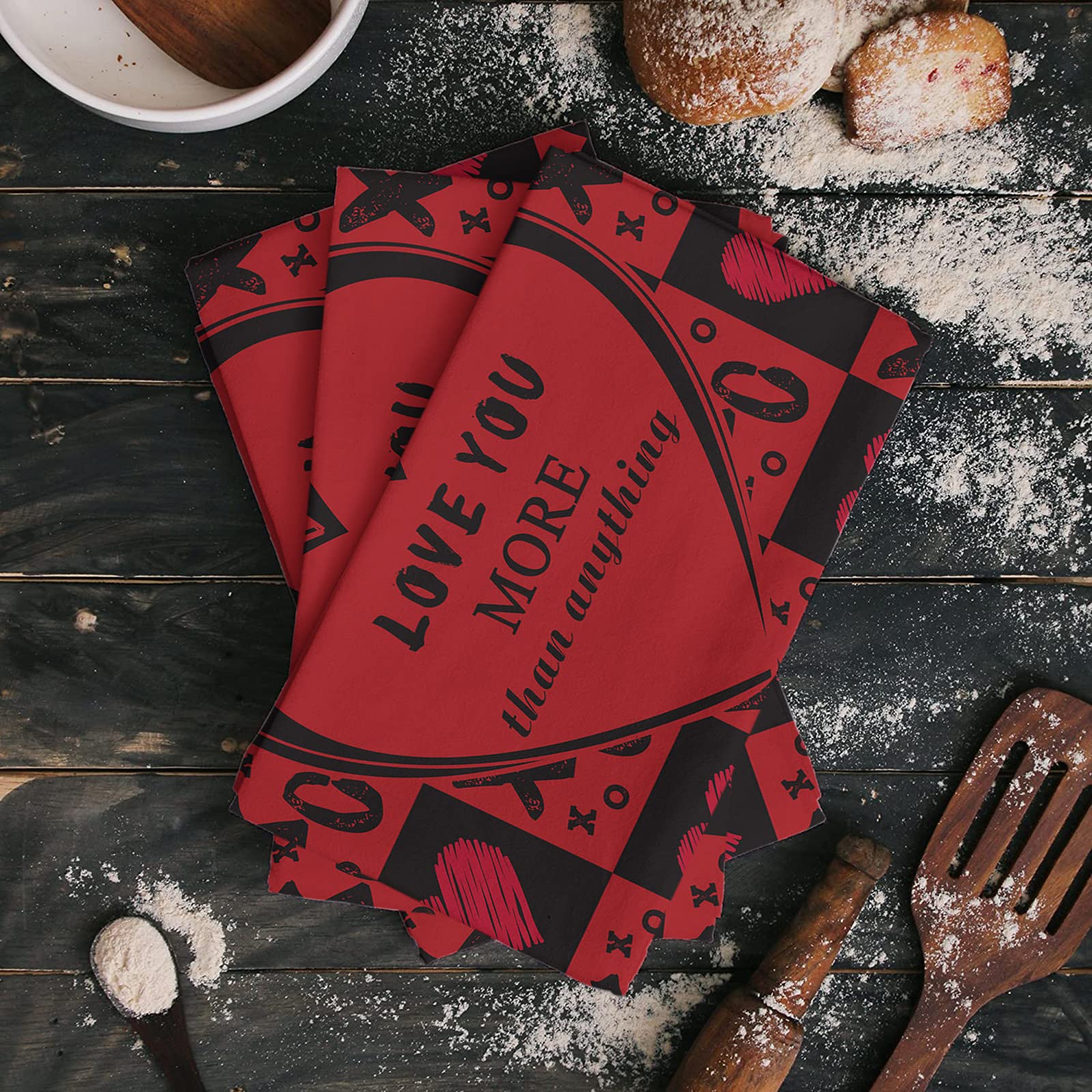 Premium Absorbent Microfiber Kitchen Towels (Set of 2) - Valentine's Day Red & Black, Soft Reusable Dish Cloths for Kitchen & Bathroom - Decorative Bar Towels with 'I Love You More Than Anything' Print - Perfect for Daily Cleaning, Dish Drying & Home Decor