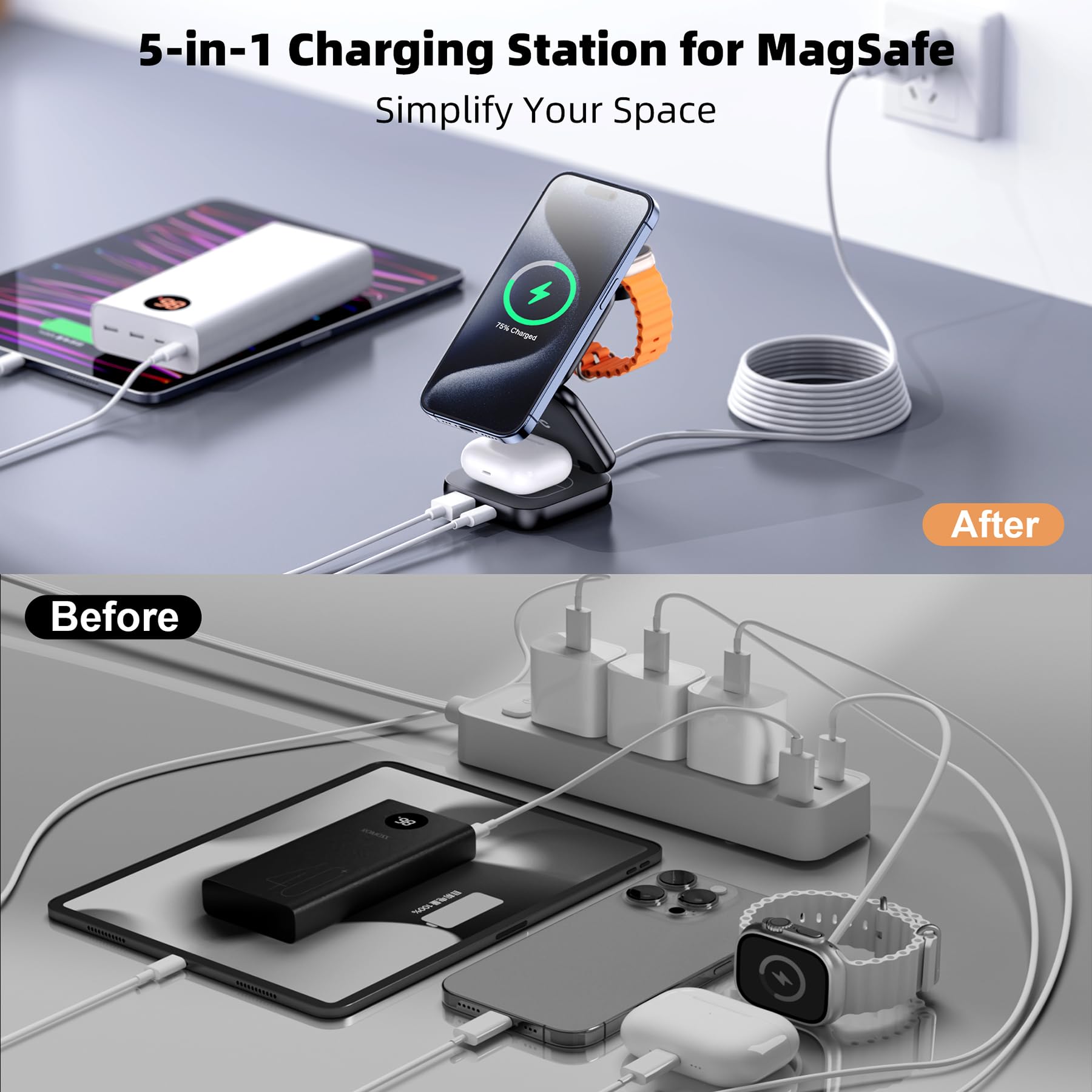 5-in-1 Wireless Charging Station with MagSafe - 15W Fast Magnetic Foldable Stand for iPhone 16/15/14/13 Series & Apple Watch S1-9/Ultra - Includes 35W Adapter | Perfect for Home, Office & Travel