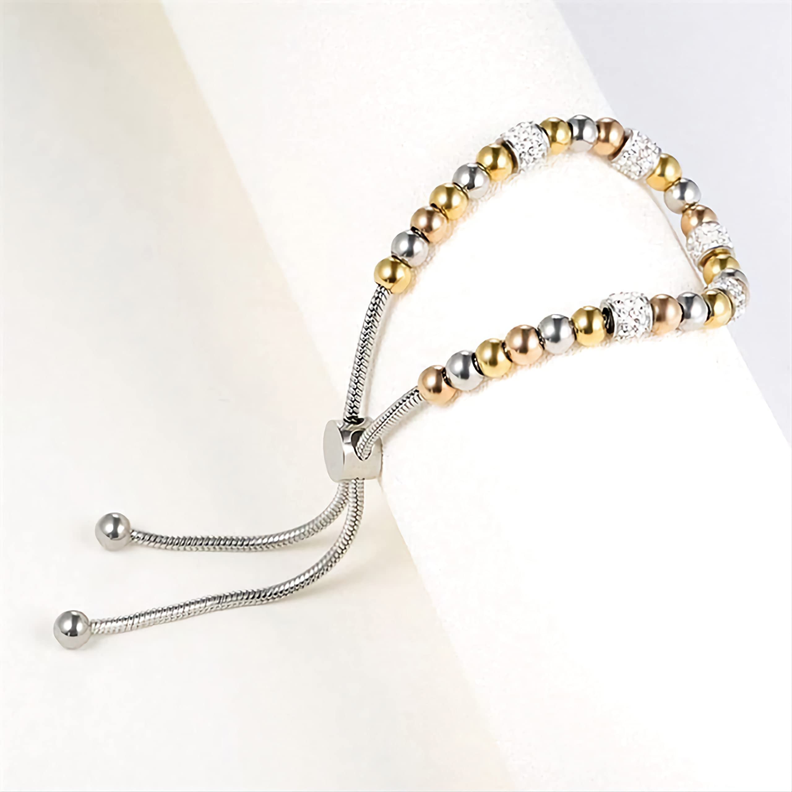 Steel Dainty Bead Slider Bracelet Adjustable Crystal Accents Gold & Silver Tone Jewelry for Women Gift Everyday Wear