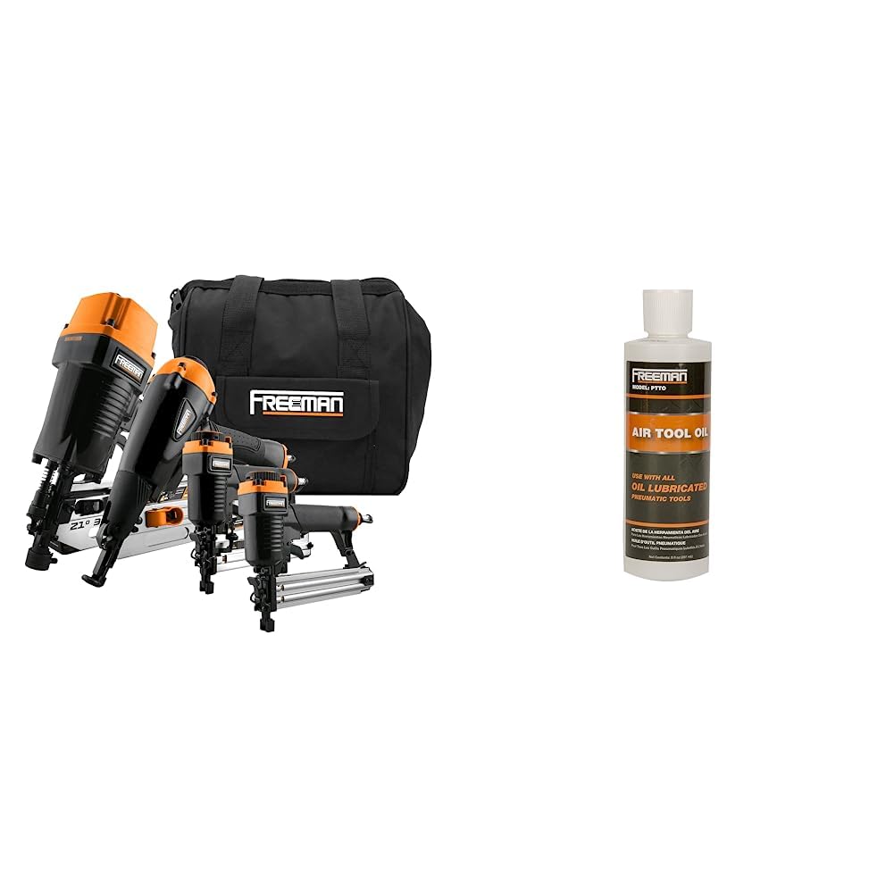 Freeman P4FRFNCB 4-Piece Pneumatic Framing & Finishing Nailer Stapler Kit with Carrying Bag & PTTO 8oz Air Tool Oil - Perfect for Woodworking, Carpentry, Home Renovation and DIY Projects