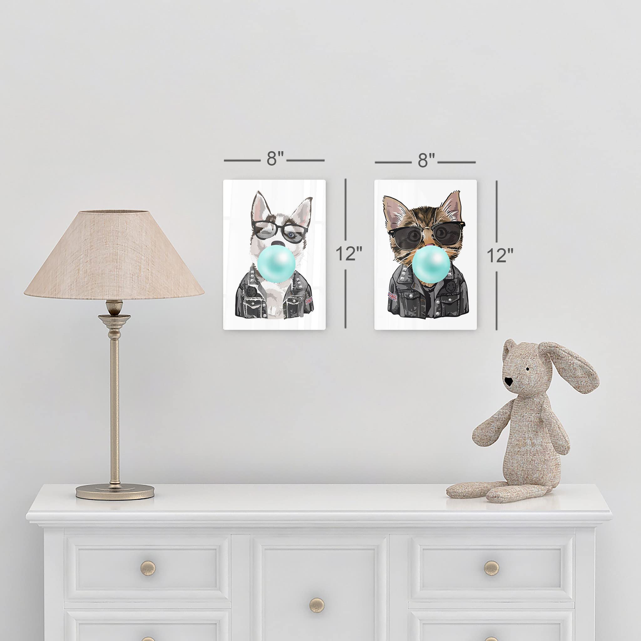 Husky Dog and Cat Chewing Bubble Gum Metal Wall Art Set - 2 Piece Animal Pop Art Prints for Living Room, Bedroom, Nursery Decor (40x30 inches) - Modern Home & Kids Room Wall Decor