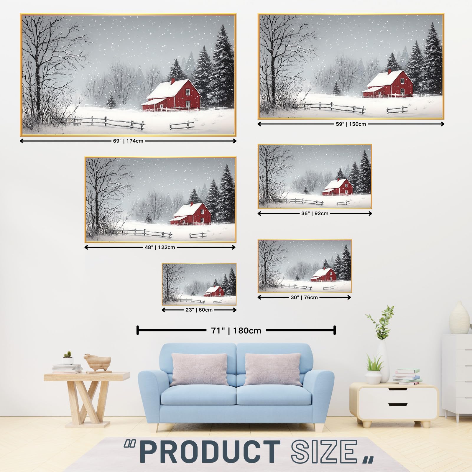 Farmhouse Winter Canvas Wall Art - Snowy Landscape with Red Barn & Trees - Gold Framed 23x13 inch (60x35cm) - Perfect for Living Room, Bedroom & Office Decor