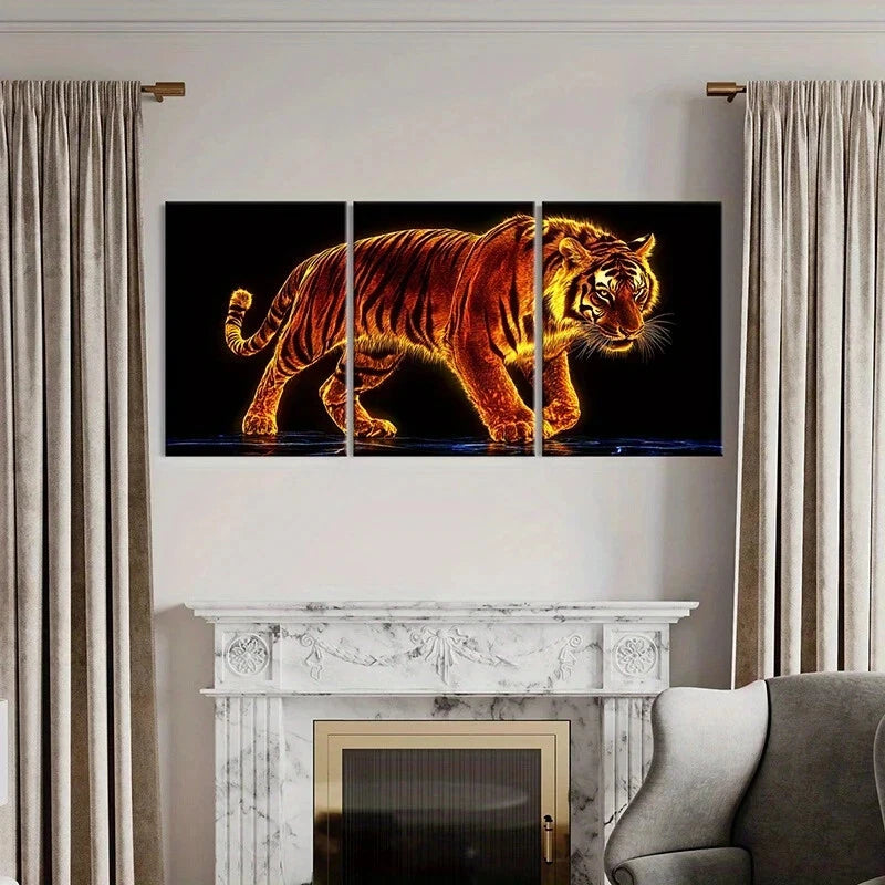 3-Piece Abstract Glowing Tiger Bengal Metal Wall Art Prints - Ready to Hang Home Decor for Living Room, Bedroom & Office
