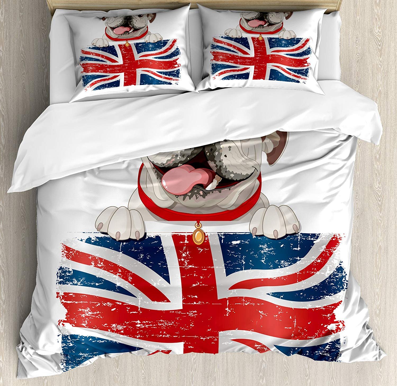 4-Piece Full Size English Bulldog Duvet Cover Set with 1 Duvet Cover, 1 Flat Sheet & 2 Pillowcases - Happy Pet Bulldog Holding British Union Jack Flag - Cozy Bedding for Dog Lovers, Kids Room & Themed Bedroom Decor