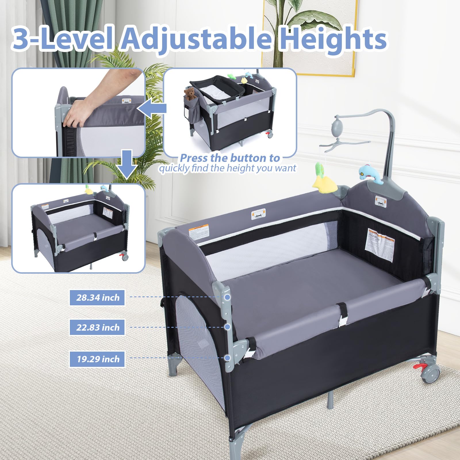 ANNA QUEEN 5-in-1 Baby Bassinet & Playard with Mattress, Toys & Music Box - Portable Foldable Crib for Travel, Nursery, Bedside Sleeping - Ideal for Newborns, Infants, Boys & Girls - Perfect for Home, Daycare & Family Trips