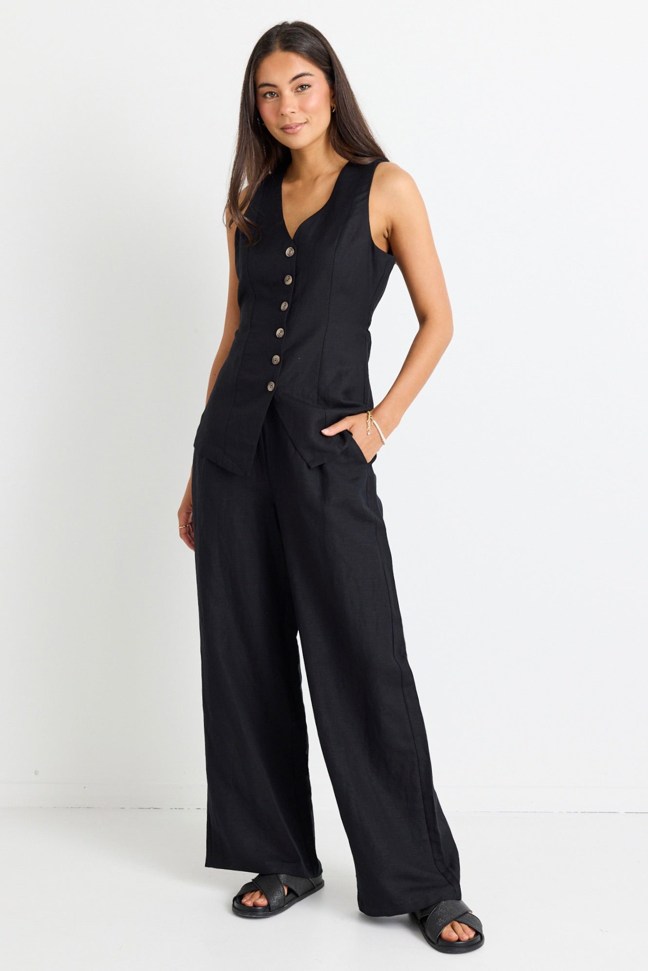 Eiffel Black Linen Viscose Fitted Longline Vest for Women - Slim Fit Waistcoat with Pockets | Perfect for Office Wear, Layering & Fall Fashion Outfits