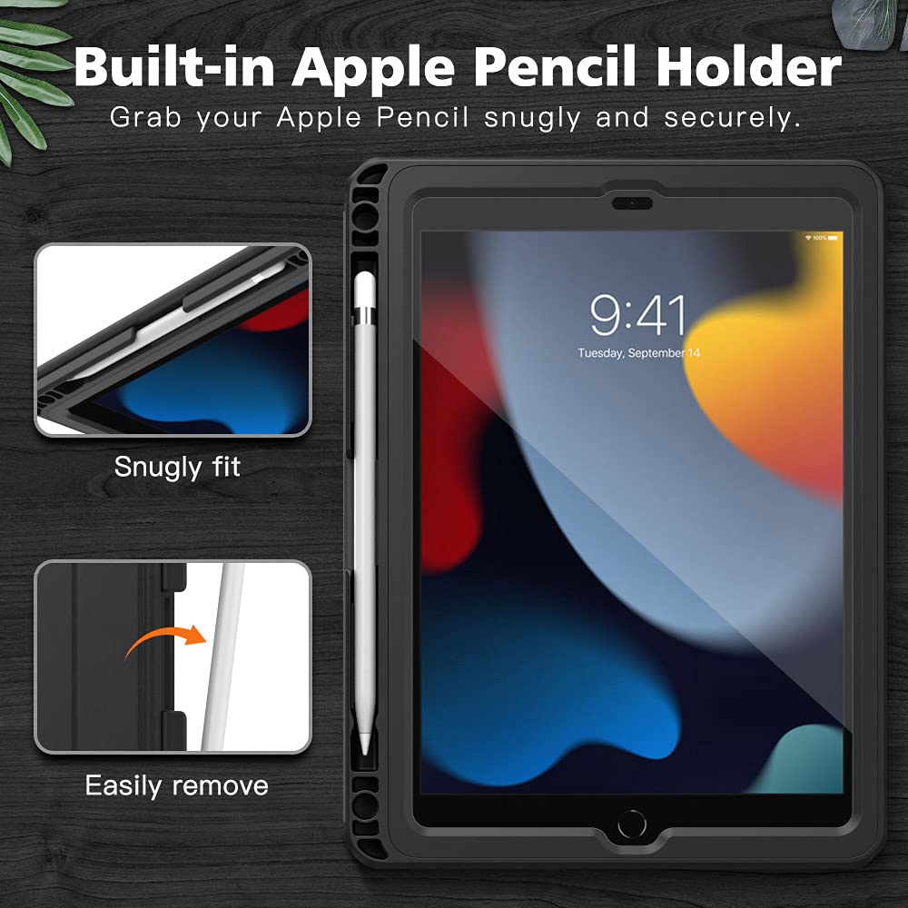 MoKo Shockproof Case for iPad 10.2-inch (9th/8th/7th Generation 2021/2020/2019) - Built-in Screen Protector & Apple Pencil Holder, Auto Sleep/Wake Full Body Protective Cover - Perfect for Work, School & Travel (Black)