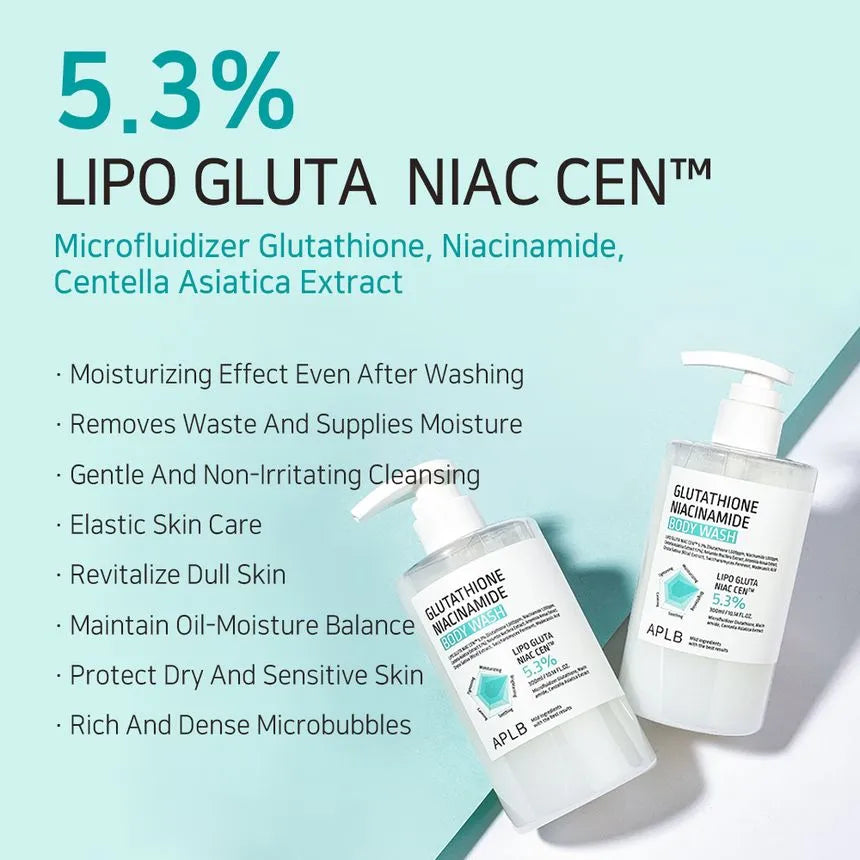 APLB Glutathione & Niacinamide Brightening Body Wash 300ml - Skin Lightening & Hydrating Shower Gel for Even Skin Tone | Perfect for Daily Use & Post-Sun Care