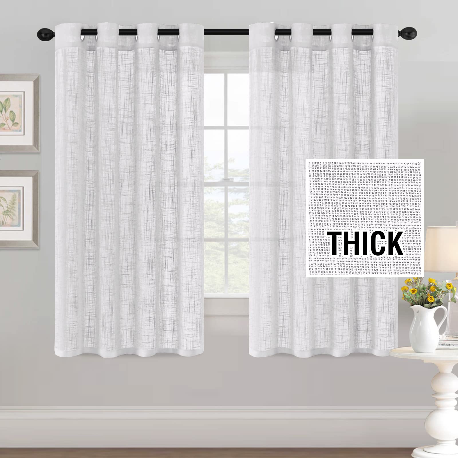 Premium Linen Blend Curtains for Living Room & Bedroom - Light Filtering, Privacy, 2 Panels Set (52