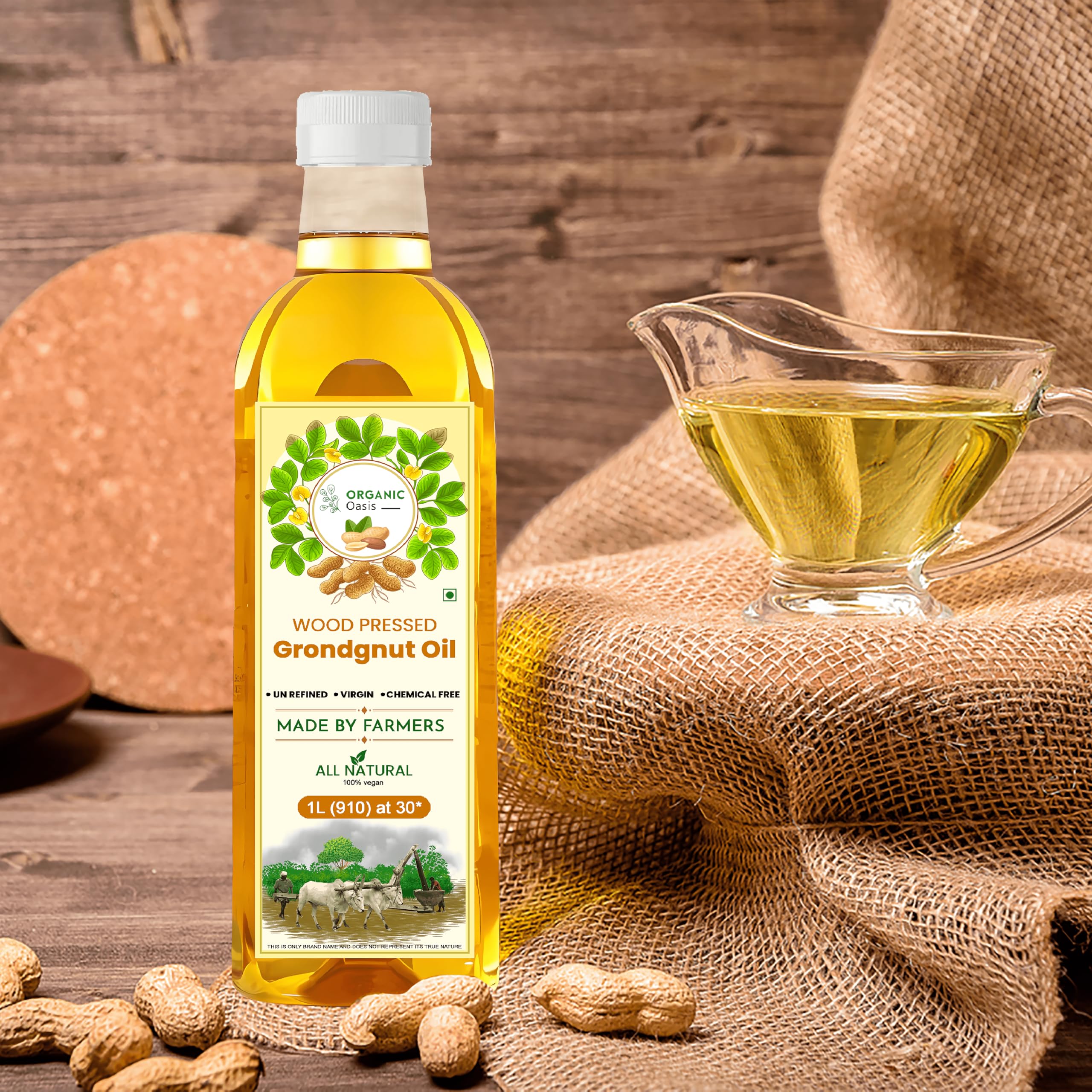 Organic Oasis Cold Pressed Peanut Oil - 100% Pure, Unrefined, Virgin Groundnut Oil | Kacchi Ghani Wood Pressed | 33oz Bottle | Perfect for Salad Dressings, Stir-Fries & Healthy Cooking