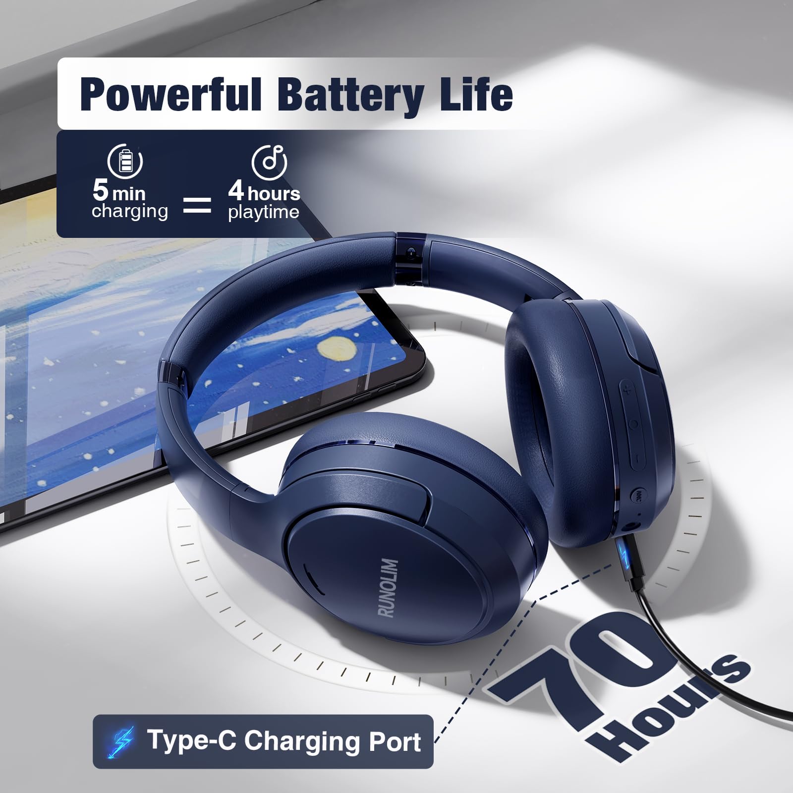 RUNOLIM Hybrid Active Noise Cancelling Wireless Over-Ear Bluetooth Headphones with Microphone - 65H Playtime, Foldable Design, HiFi Audio & Deep Bass - Perfect for Home, Travel, Office & Commuting