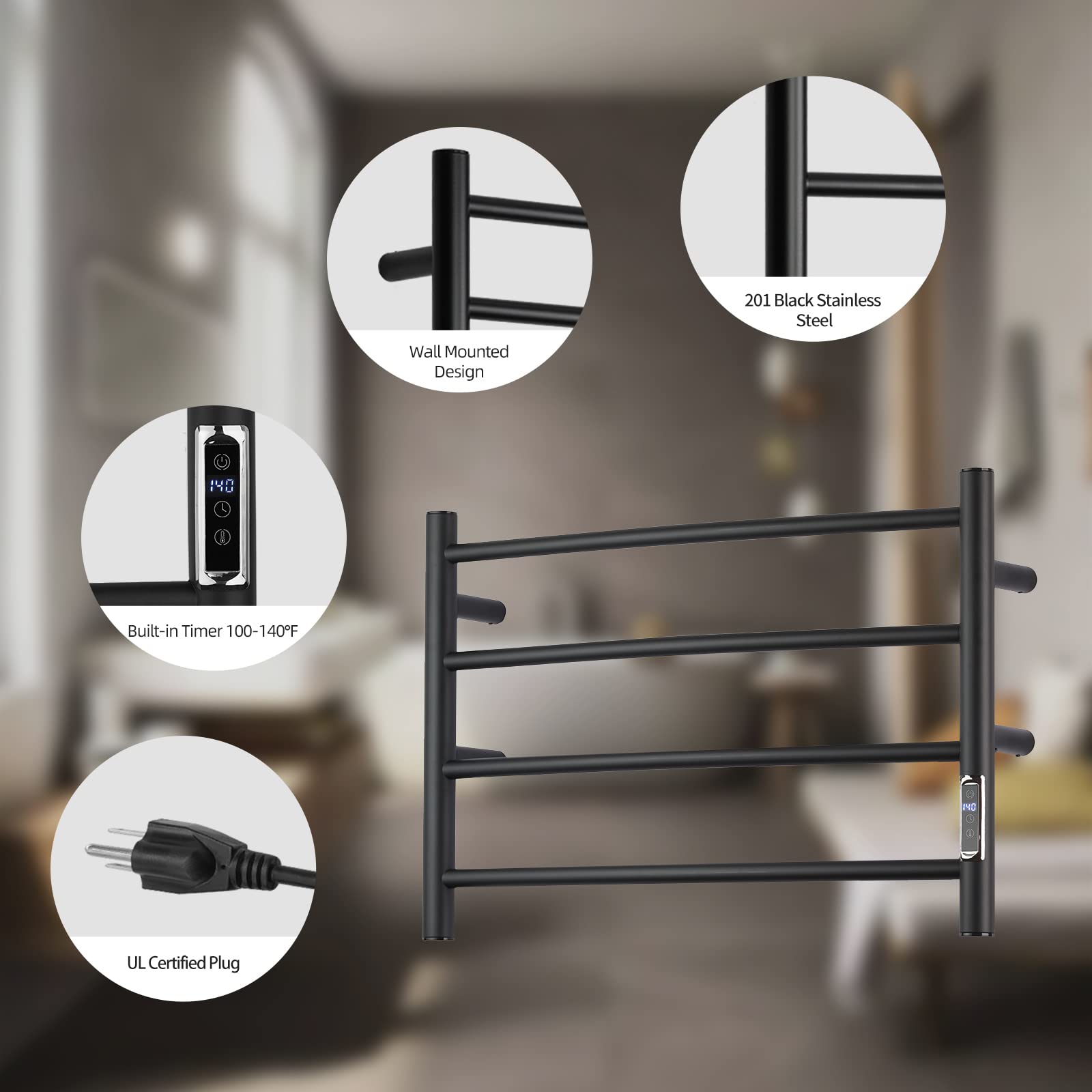 ETW29 Electric Towel Warmer with Built-in Timer - Wall Mounted Bathroom Heated Towel Rack, Plug-in Black - Perfect for Spa, Luxury Bathrooms & Cold Weather Comfort