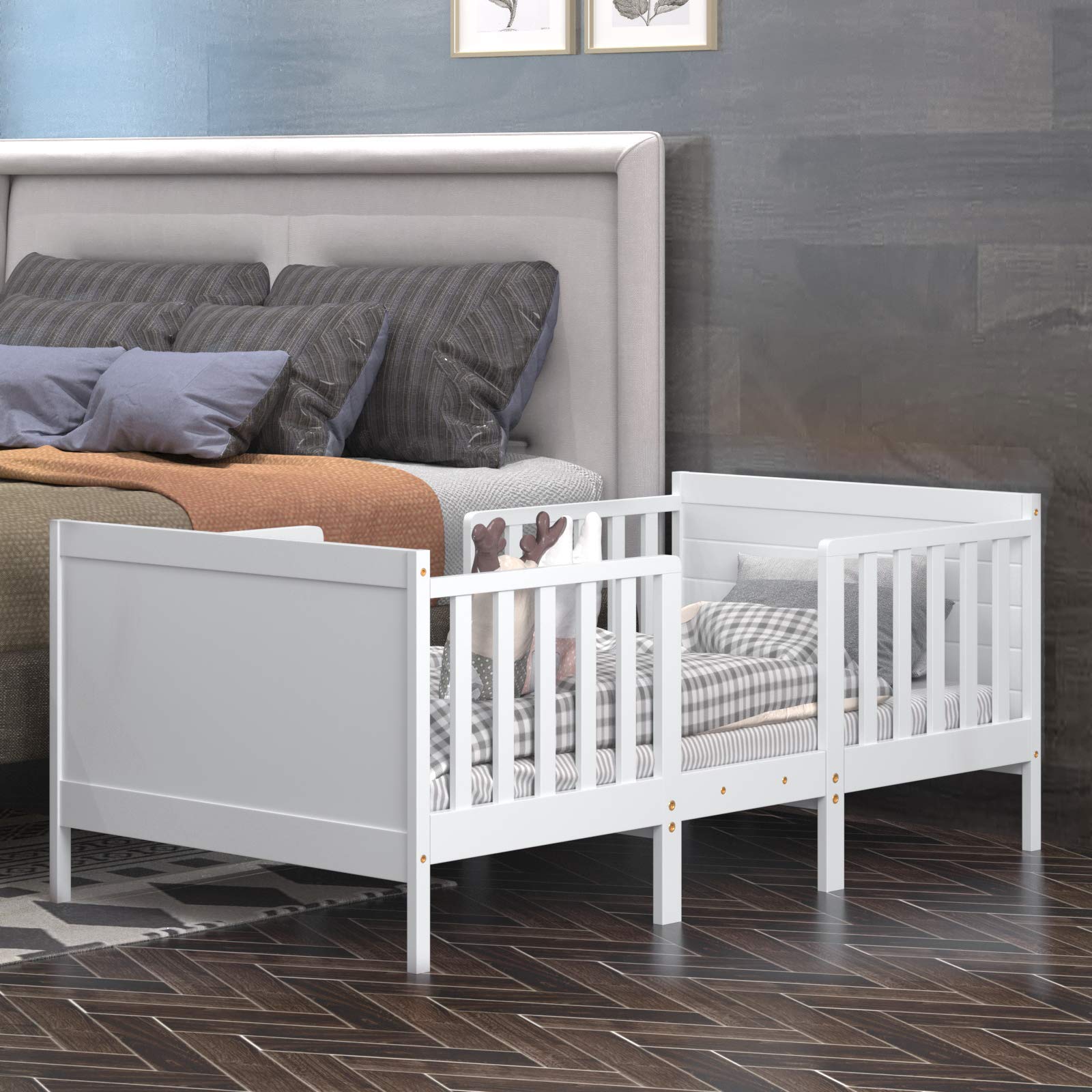Costzon 2-in-1 Convertible Wood Toddler Bed Frame with Safety Guardrails & Footboard - White Kids Floor Bed for Boys & Girls - Fits Full Size Crib Mattress - Perfect for Nursery, Daycare or First Big Kid Bed