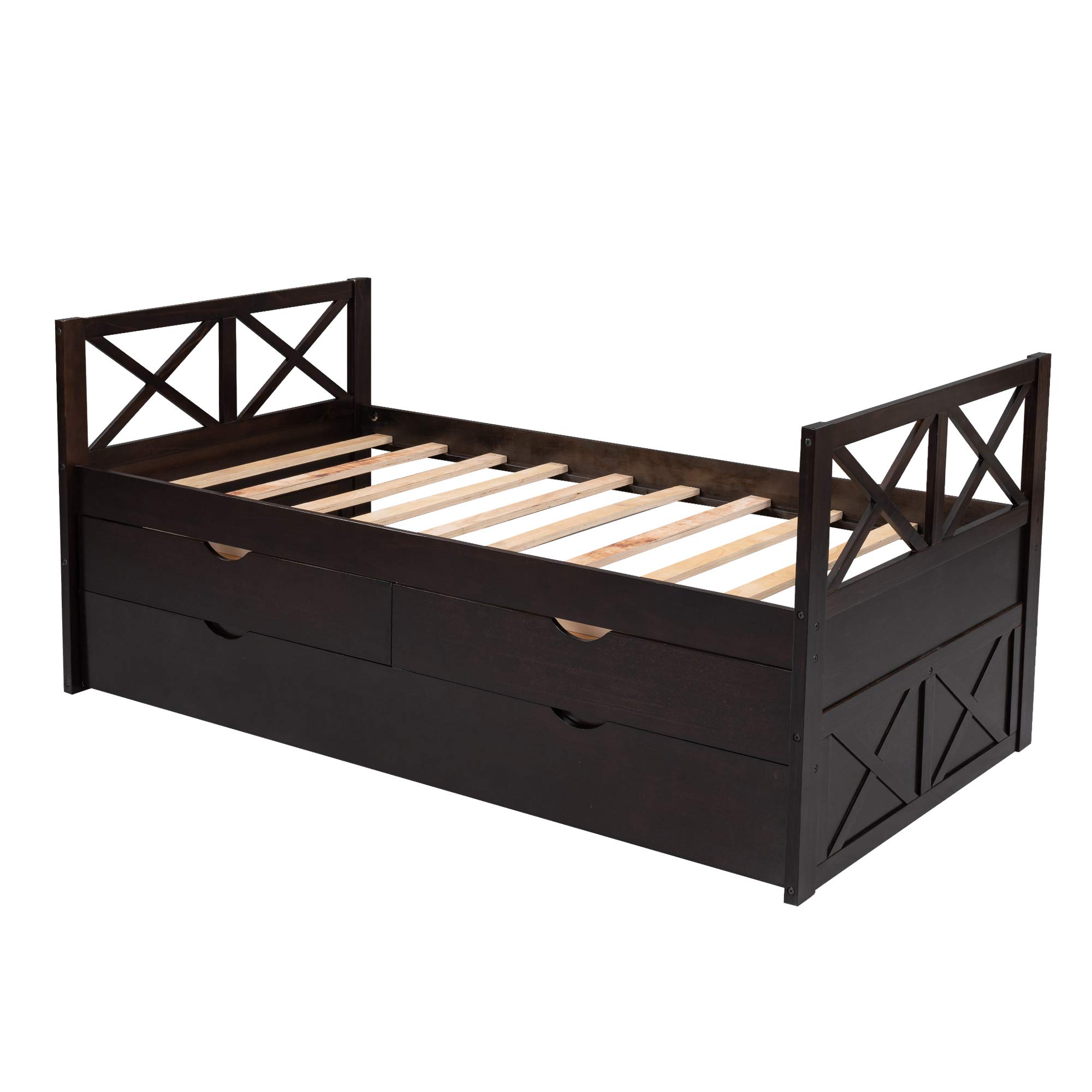 Twin Size Daybed with Drawers & Trundle - Rustic Wooden Storage Platform Bed for Kids & Teens, No Box Spring Needed, Multi-Functional Captain's Bed (Espresso) - Perfect for Guest Rooms, Dormitories & Small Spaces