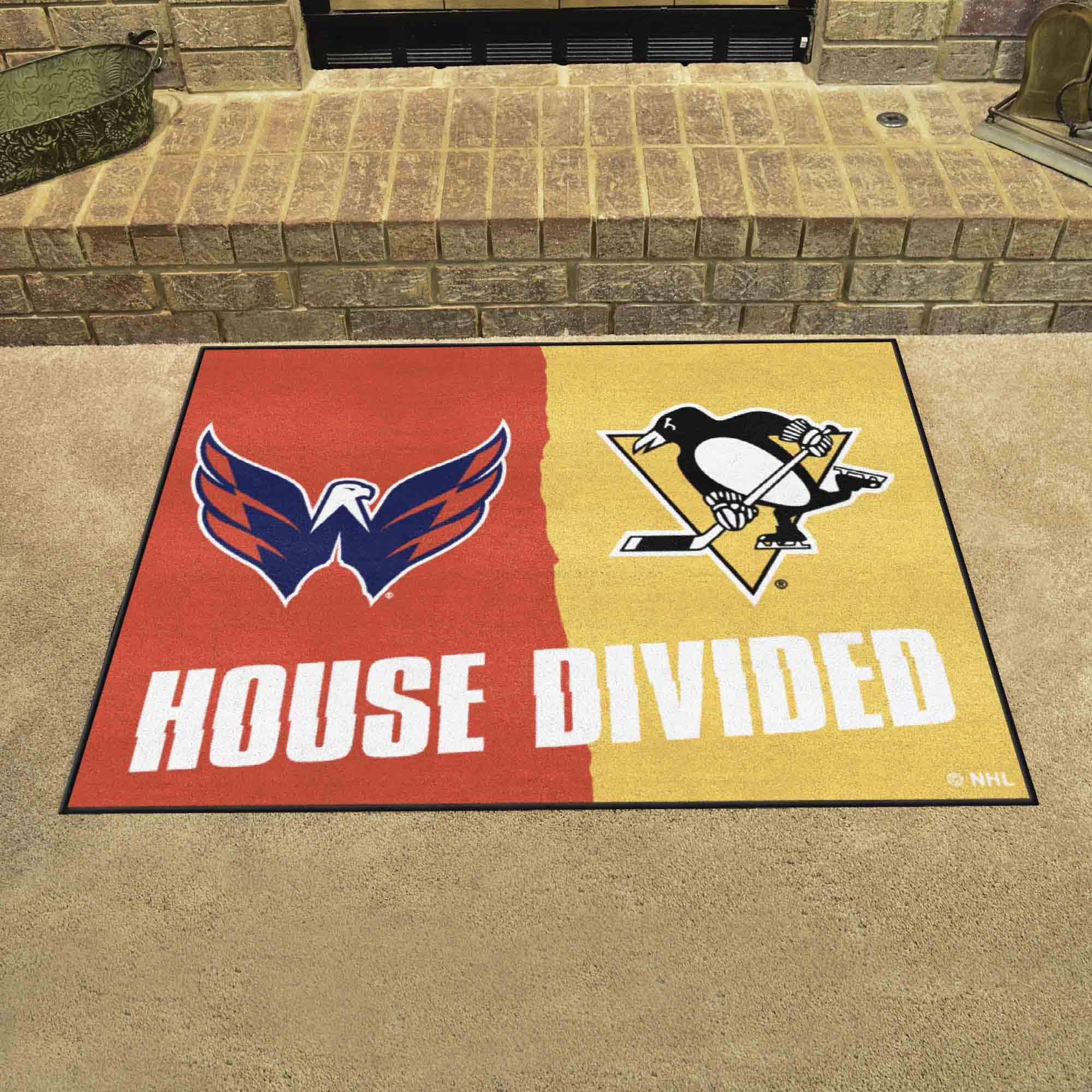 FANMATS NHL House Divided Rug - Washington Capitals vs Pittsburgh Penguins Team Logo Design - Perfect for Game Room, Man Cave, and Sports Fan Decor