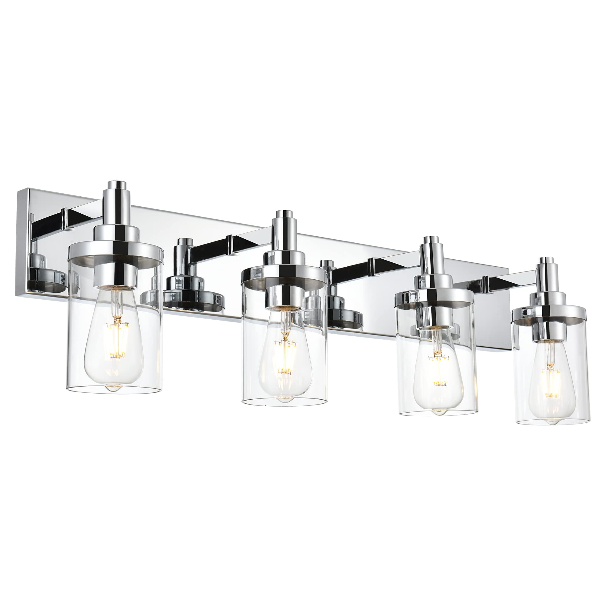 Modern Chrome Farmhouse Bathroom Vanity Light Fixture - 4-Light Bar with Clear Glass Shade for Bathroom Mirror Lighting, Wall Sconces & Vanity Illumination | Perfect for Farmhouse, Modern & Traditional Bathroom Decor