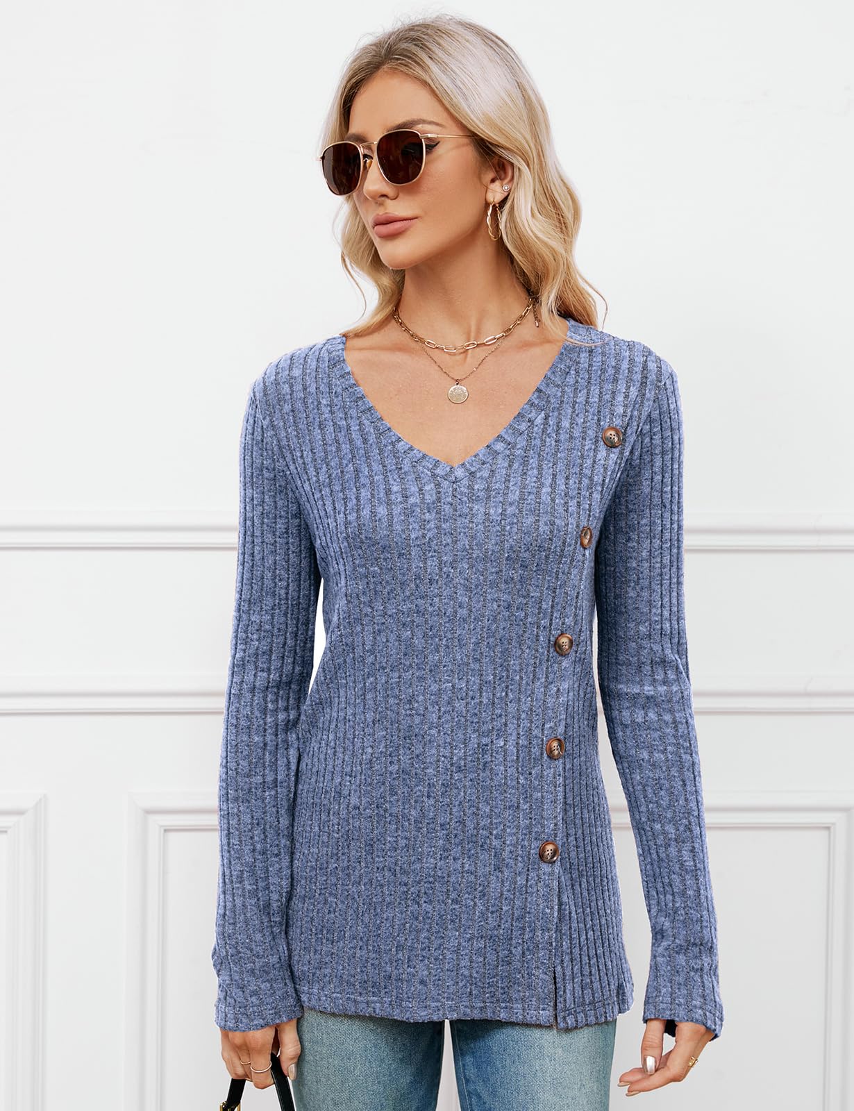 Women's V Neck Knit Jumper - Lightweight Long Sleeve Button Front Top for Casual Wear