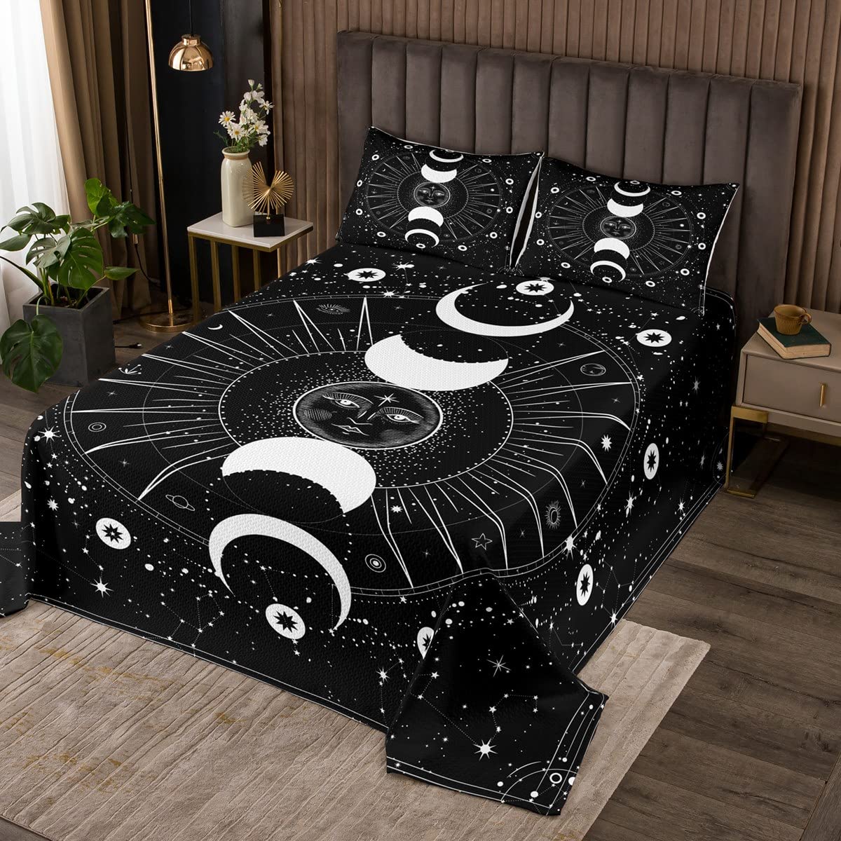 King Size Sun and Moon Bedspread Set - Psychedelic Stars Space Quilt Cover with 12 Constellations | Black & White Hippie Style Bedding for Kids, Teens, Boys & Men | 3-Piece Set (1 Bedspread + 2 Pillow Shams) | Perfect for Dorm Rooms, Teen Bedrooms & Bohemian Home Decor