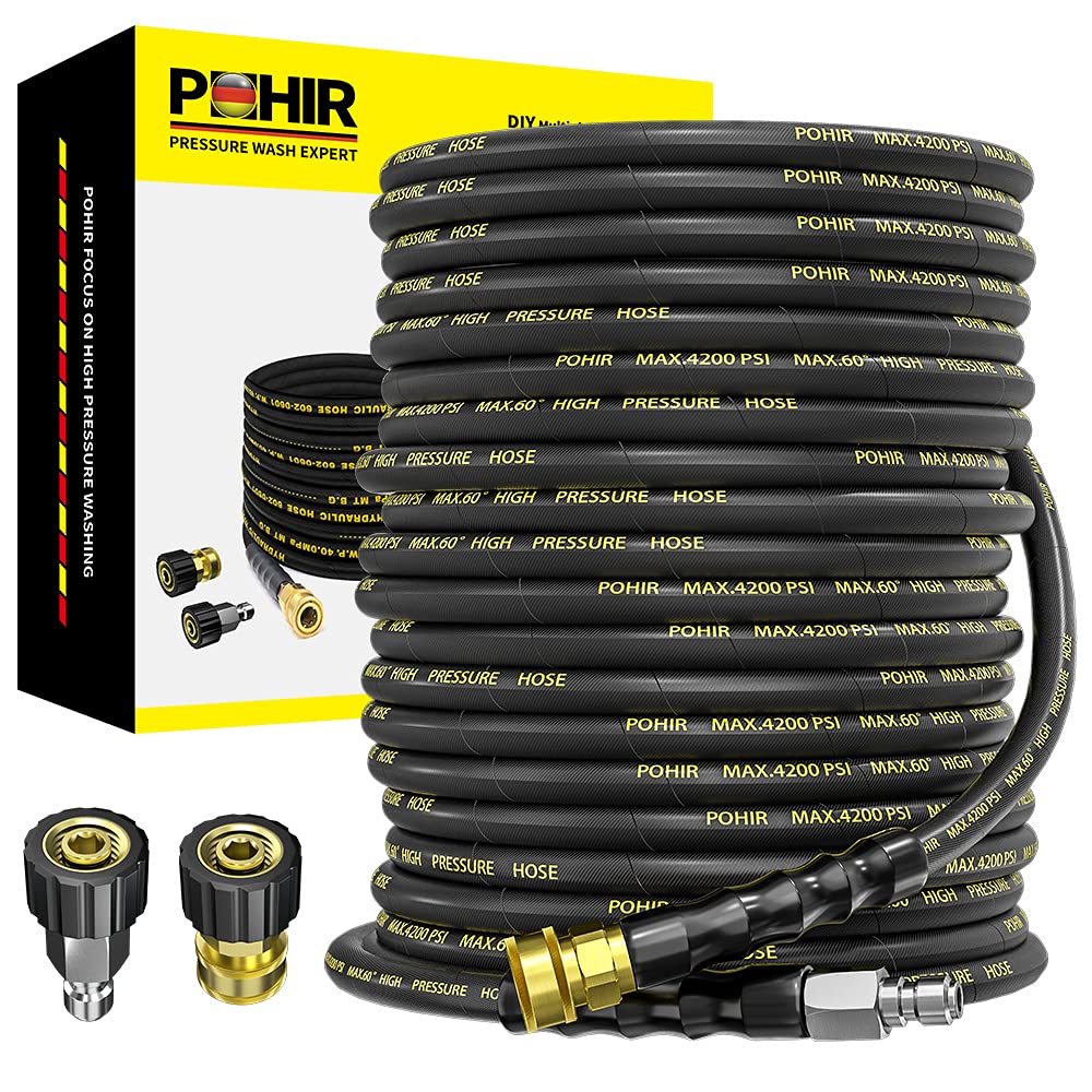 POHIR 125FT High Pressure Washer Hose with Quick Connector - for 4200 PSI Pressure Washers, Car & Home Cleaning