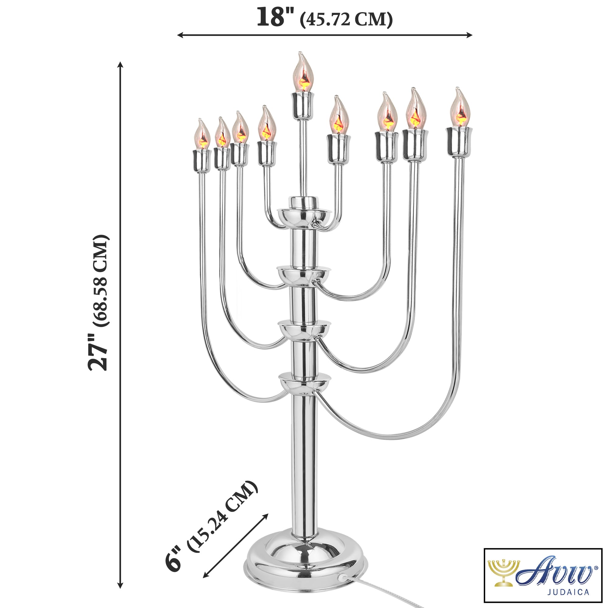 Large Electric Menorah for Hanukkah - 9-Branch Chrome Plated Hanukiah with Flickering LED Bulbs to Simulate Real Candles - Electronic Hanukkah Menorah for Home, Synagogue & Holiday Decorations