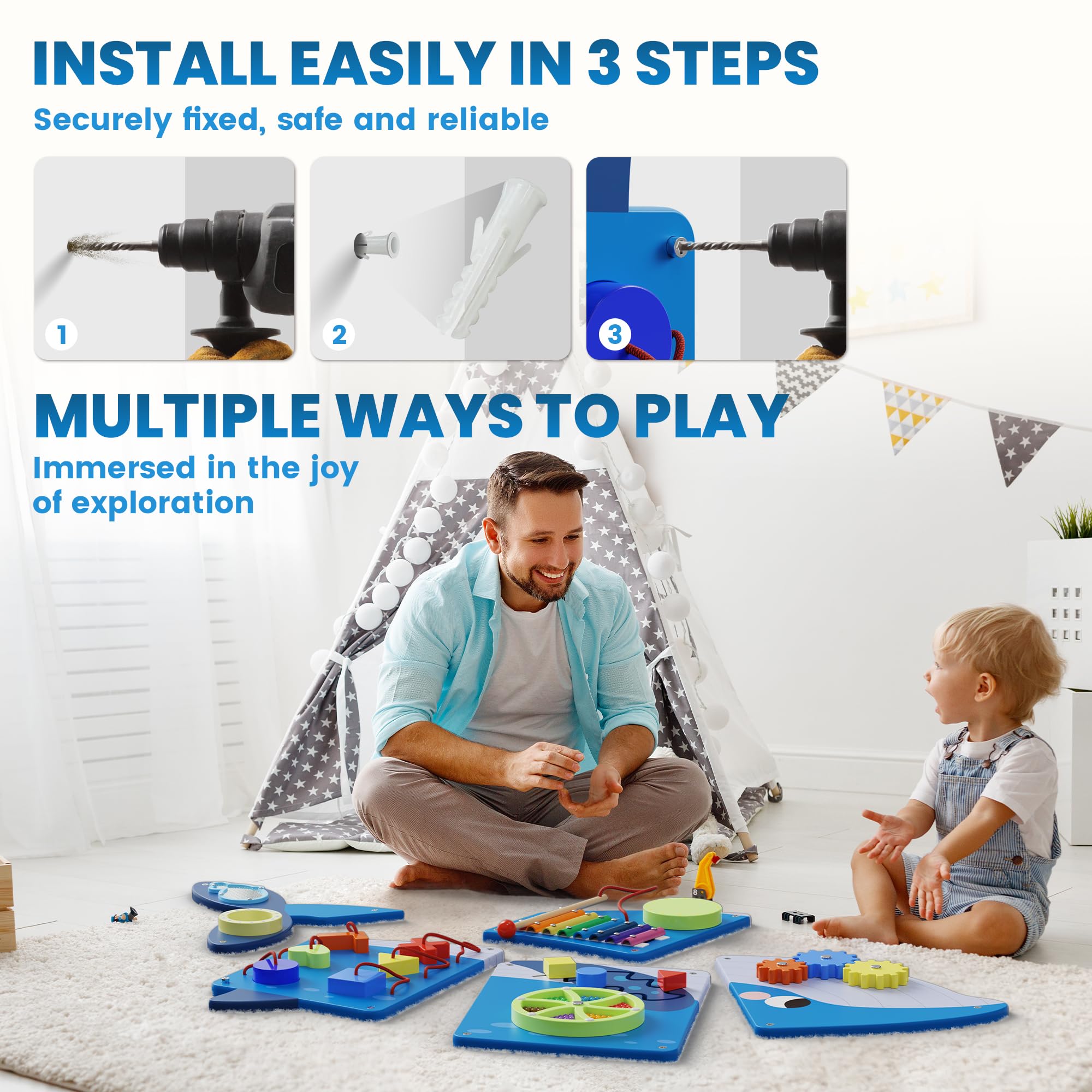 BlueWood Whale Wall Busy Board - Montessori Sensory Activity Center for Toddlers | Educational Learning Toy for Fine Motor Skills & Cognitive Development | Perfect for Daycare, Preschool & Home Playrooms