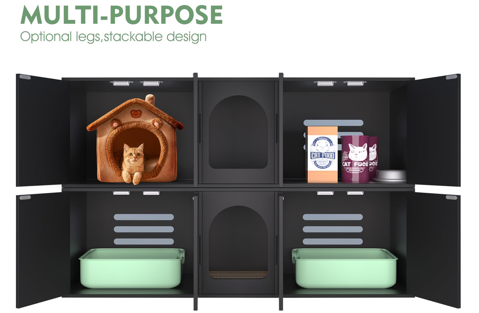 Wooden Cat Litter Box Enclosure Furniture for 2 Cats - Double Room Design with Cat Door, Black Finish with Legs - Perfect for Home, Apartment & Multi-Cat Households