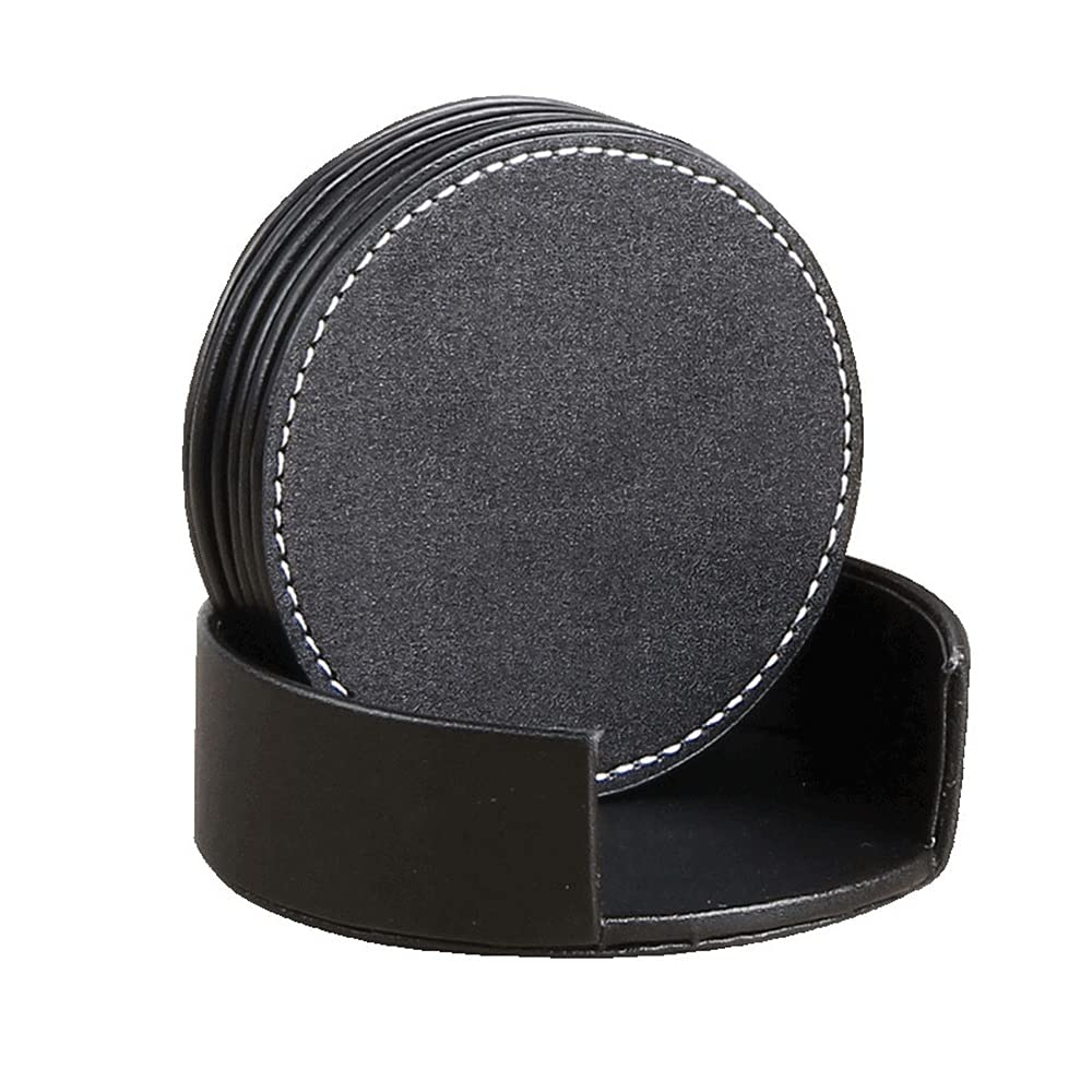 Premium Round Heat-Resistant Coasters - Genuine Leather Desk Decor & Anti-Skid Cup Mats for Hot Drinks - Perfect for Living Room, Dining Table, Kitchen & Office Use (Black)