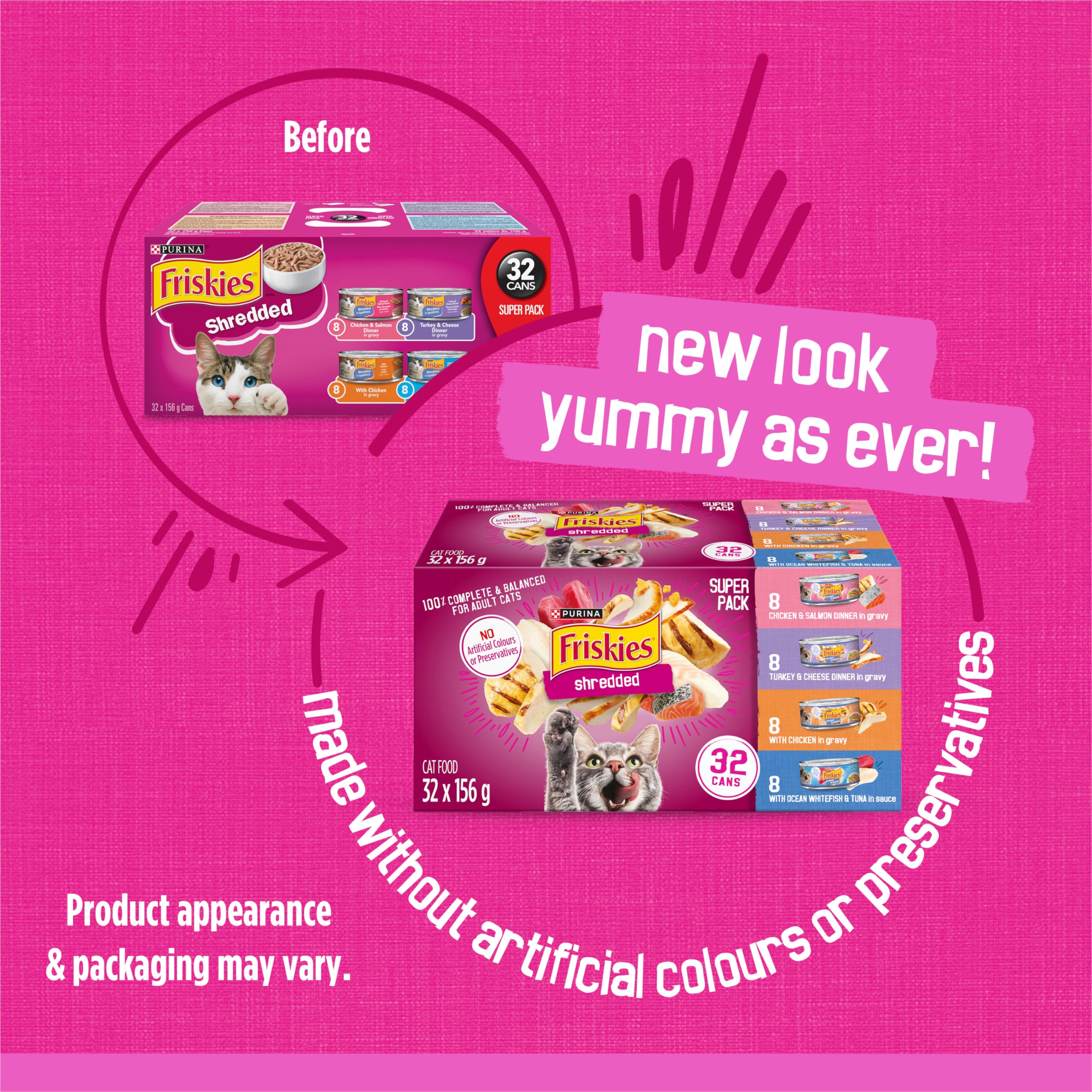Friskies Shredded Wet Cat Food Variety Pack - Poultry & Fish Combo, 4 Delicious Flavors, 156g Cans (32-Pack) | High Protein Meal for Adult Cats, Perfect for Picky Eaters & Daily Feeding Routine