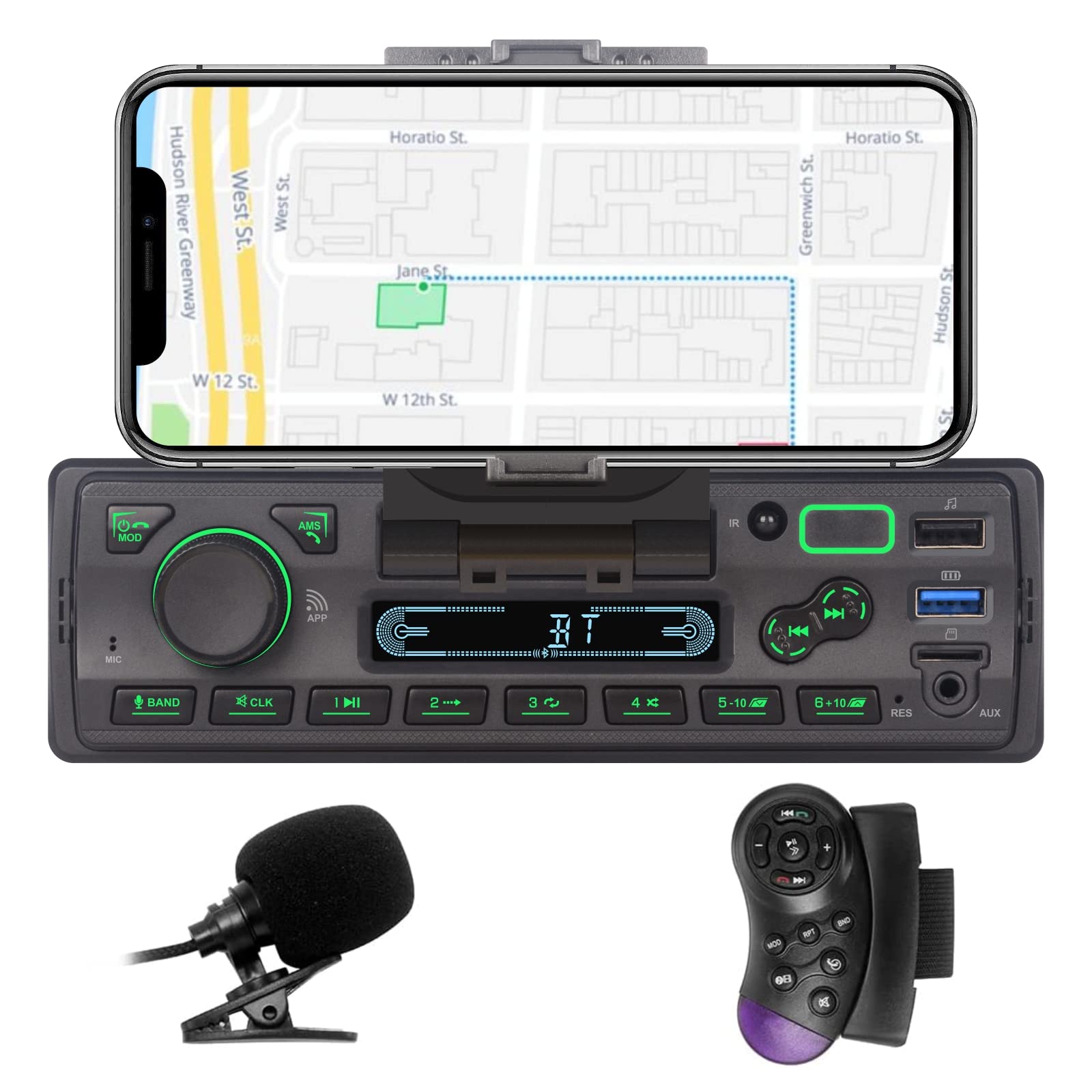 LXKLSZ Single Din Car Stereo with Bluetooth, App Control, MP3 Player, Hands-Free Calling, USB/FM/AM/TF/AUX Input, EQ Settings, Phone Holder & External MIC - Perfect for Commuting, Road Trips and In-Car Entertainment