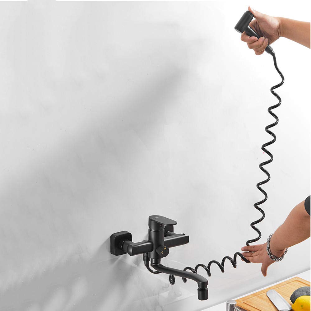 Black Wall Mount Kitchen Sink Faucet - Double Hole Hot and Cold Water Mixer Tap with 180° Rotatable Spray Gun & 30cm Brass Outlet Pipe - Perfect for Modern Kitchens, Restaurants, and RV Camping