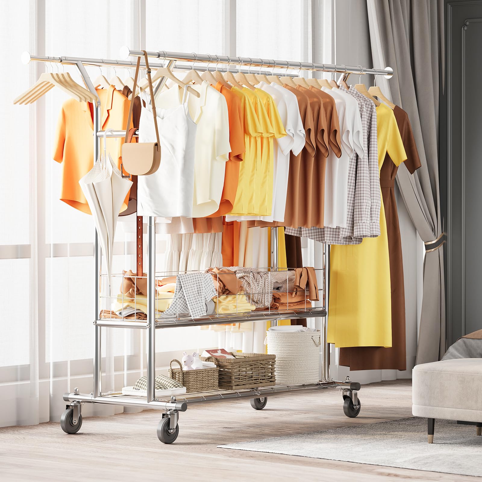 Heavy Duty Commercial Clothing Rack - 625LBS Capacity Adjustable Garment Rack with Metal Basket & Wheels | Double Rod Hanging Clothes Organizer for Bedroom, Living Room, Laundry Room & Retail Store Use