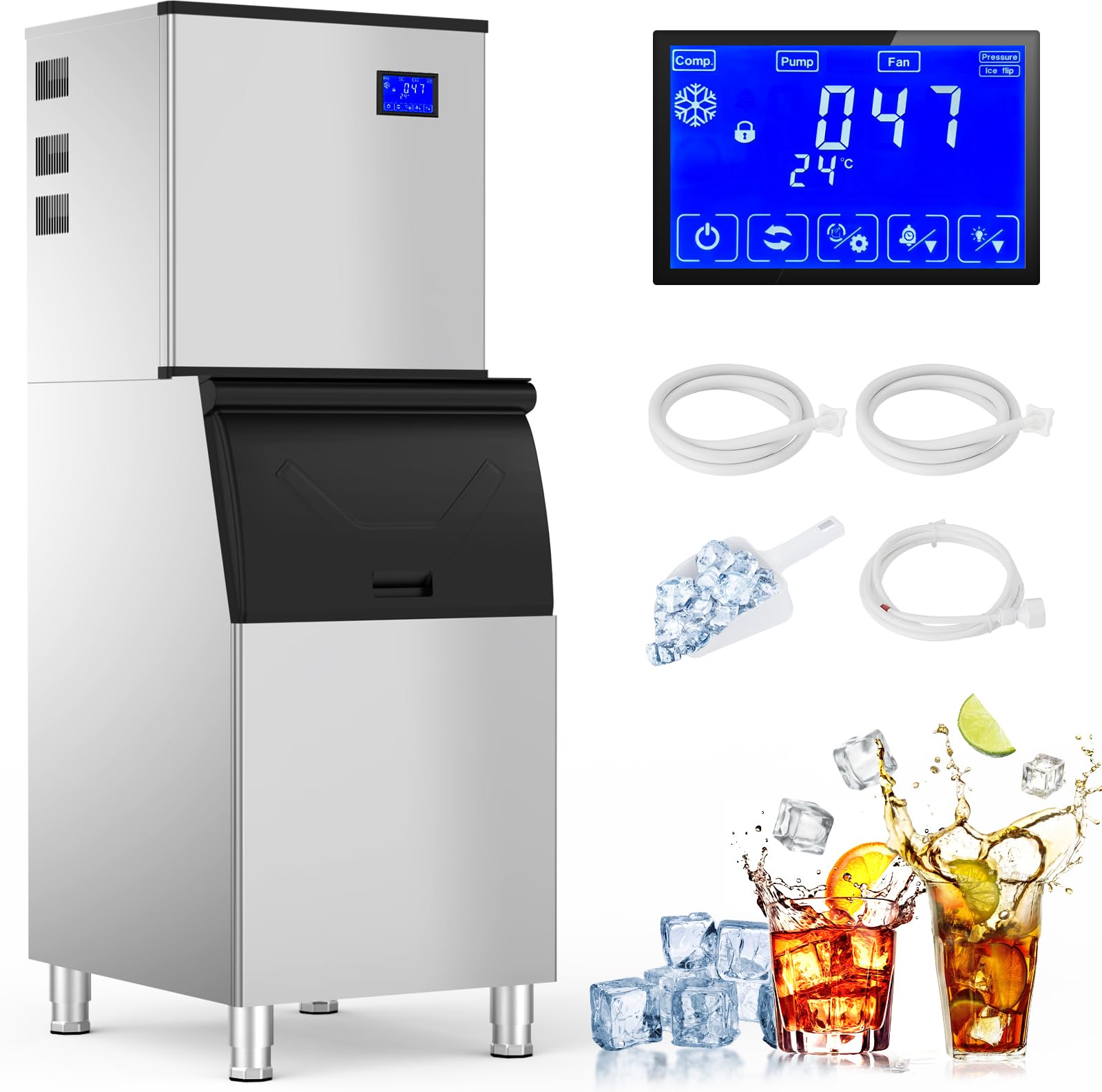 350Lbs/24H Commercial Ice Maker Machine with Pro Compressor & ETL Approval - 250Lbs Storage Bin, 700W Auto Self-Cleaning, Stainless Steel Industrial Ice Machine for Bars, Cafes, Restaurants & Businesses - Perfect for High-Volume Beverage Service and Food Preservation