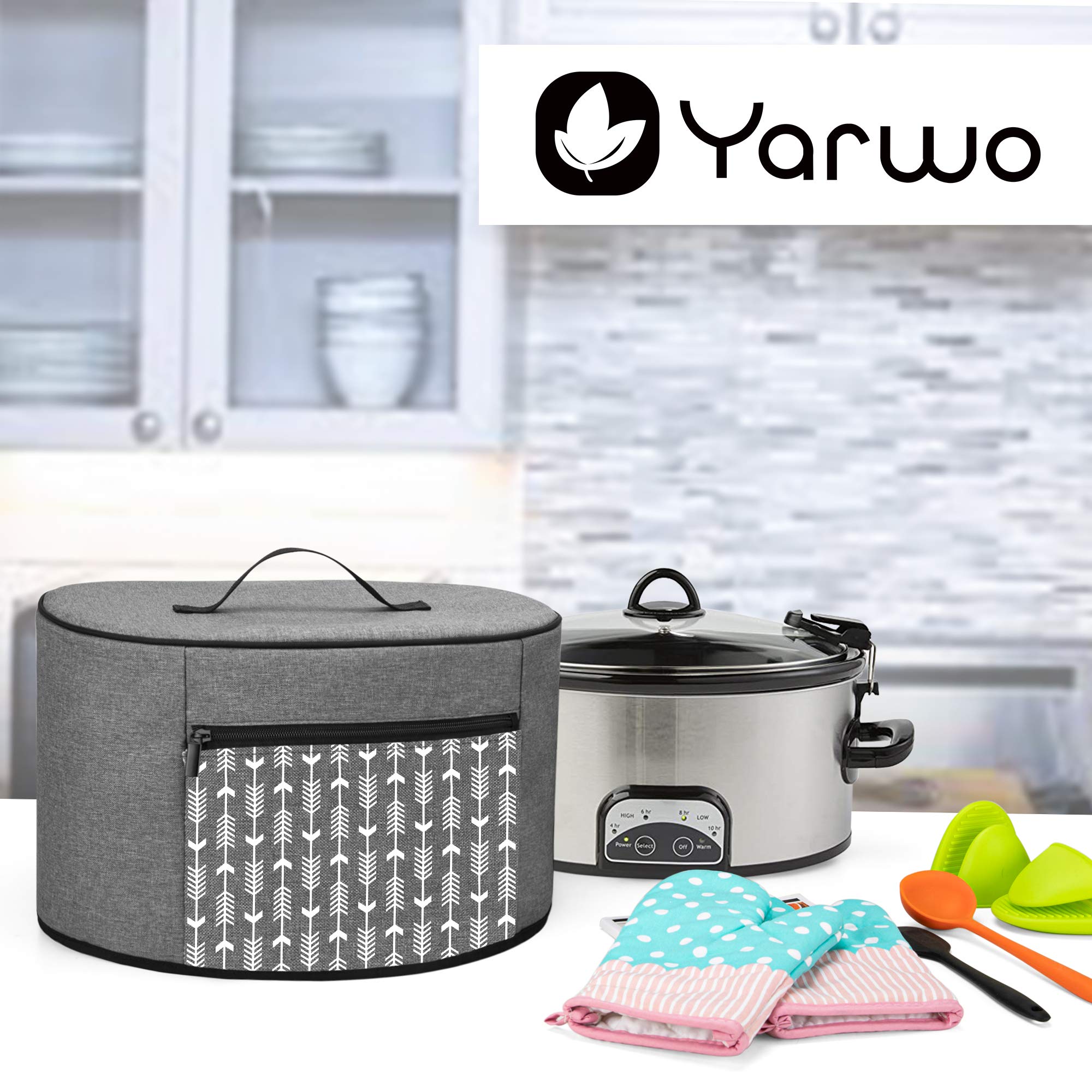 Yarwo Slow Cooker Dust Cover - Compatible with Morphy Richards, Crock Pot, Russell Hobbs & Other 5.7-8L Slow Cookers - Zipper Pocket & Wipe Clean Liner - Grey - Perfect for Kitchen Storage & Appliance Protection