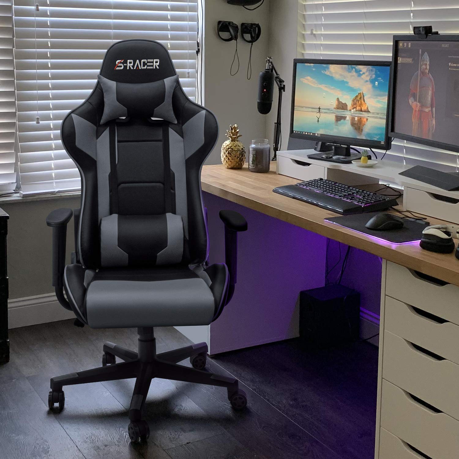 Homall Ergonomic Gaming Chair - High Back Office Chair with Adjustable Headrest & Lumbar Support, Leather Computer Desk Chair for Racing Style Executive Workstation (Grey) - Perfect for Home Office, Gaming Setup & Professional Workspaces