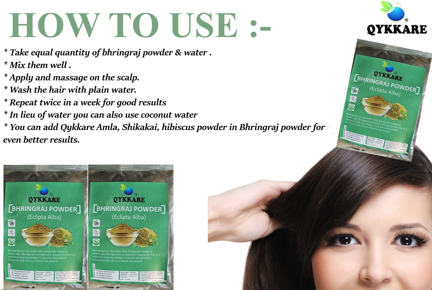 QYKKARE Bhringraj Powder for Hair Growth & Scalp Care | Promotes Thicker Hair & Healthy Scalp | 100% Natural Skin Nourishment | 300g (3x100g) Pack | Perfect for DIY Hair Masks & Ayurvedic Hair Treatments