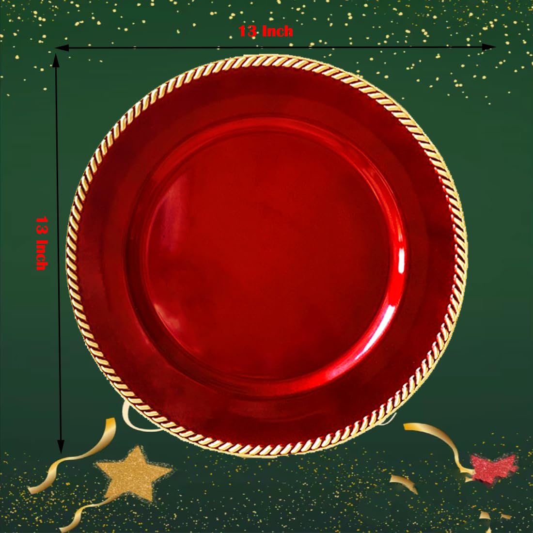 12-Piece Red Plastic Beaded Charger Plates - 13 Inch Round Decorative Dinner Plates for Weddings, Christmas, Events & Tabletop Decor - Elegant Place Settings for Holiday Parties, Banquets & Formal Dining