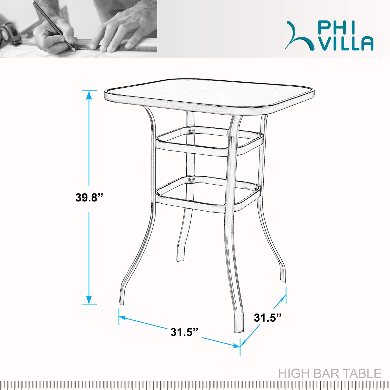 PHI VILLA 36 Inch Outdoor Bar Table - Black Metal Frame with Tempered Glass Top - Tall Patio Bistro Table for Garden, Poolside, Deck or Balcony - Weather-Resistant High Top Dining Table for Outdoor Entertaining