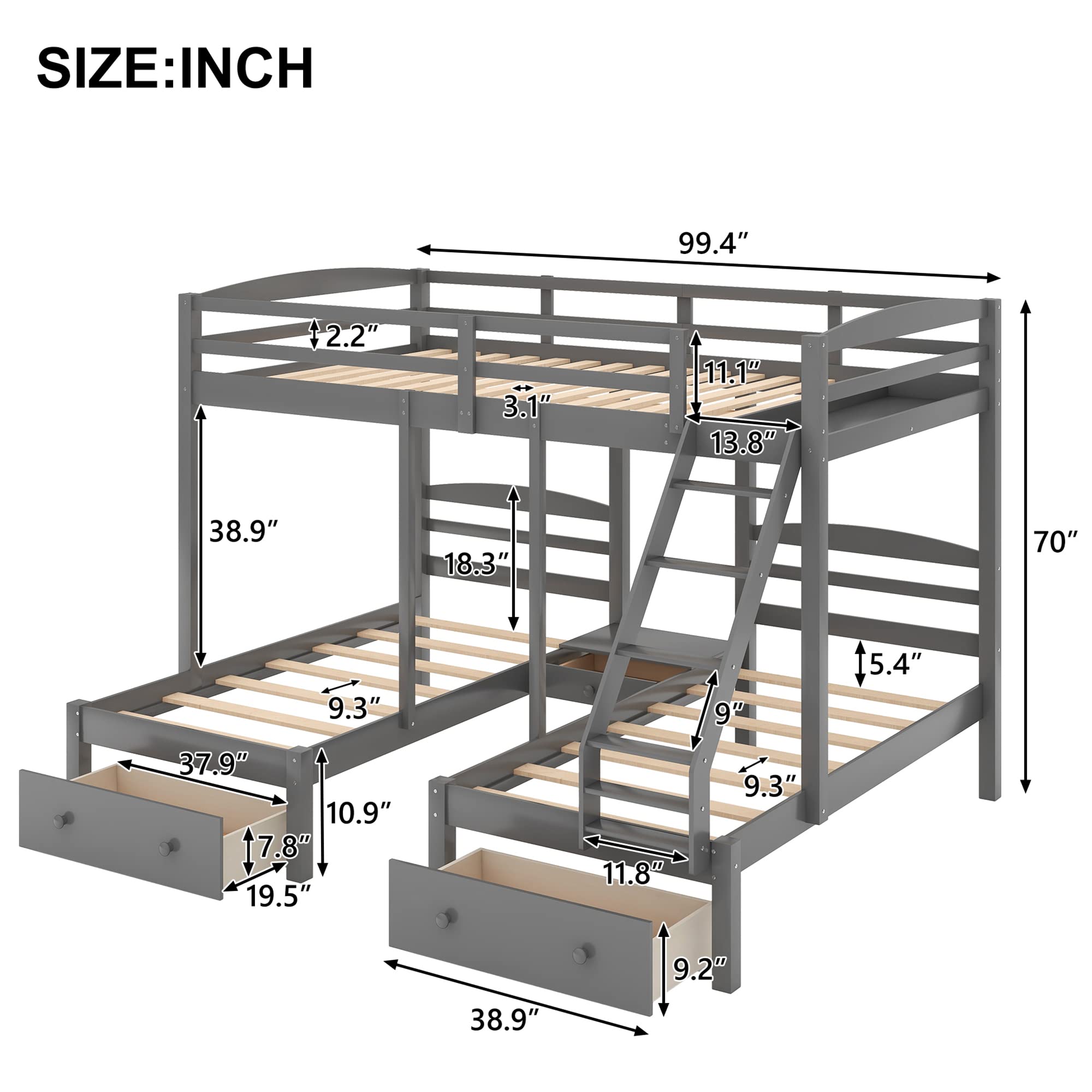 P PURLOVE Full Over Twin and Twin Wood Triple Bunk Bed Frame with Storage Drawers, No Box Spring Needed - Space-Saving Kids Bedroom Furniture for Shared Rooms & Sleepovers (Gray)