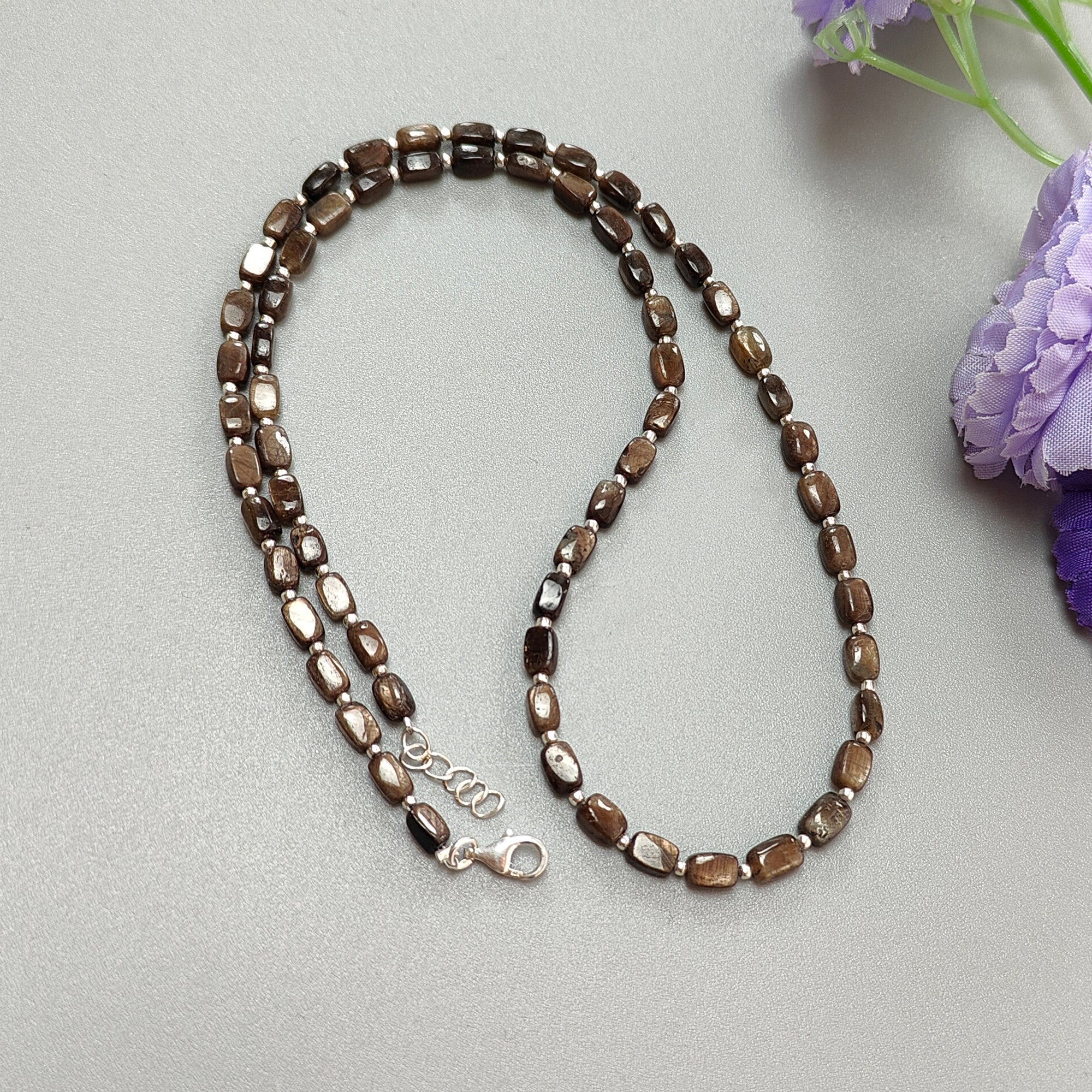 Golden Brown Chocolate Sapphire Gemstone Beads Necklace - 925 Sterling Silver Jewelry with Natural Cushion Cut Sapphires (5x3mm & 6x4mm) - 14.26g Elegant Handmade Necklace for Women, Perfect for Weddings, Parties & Special Occasions