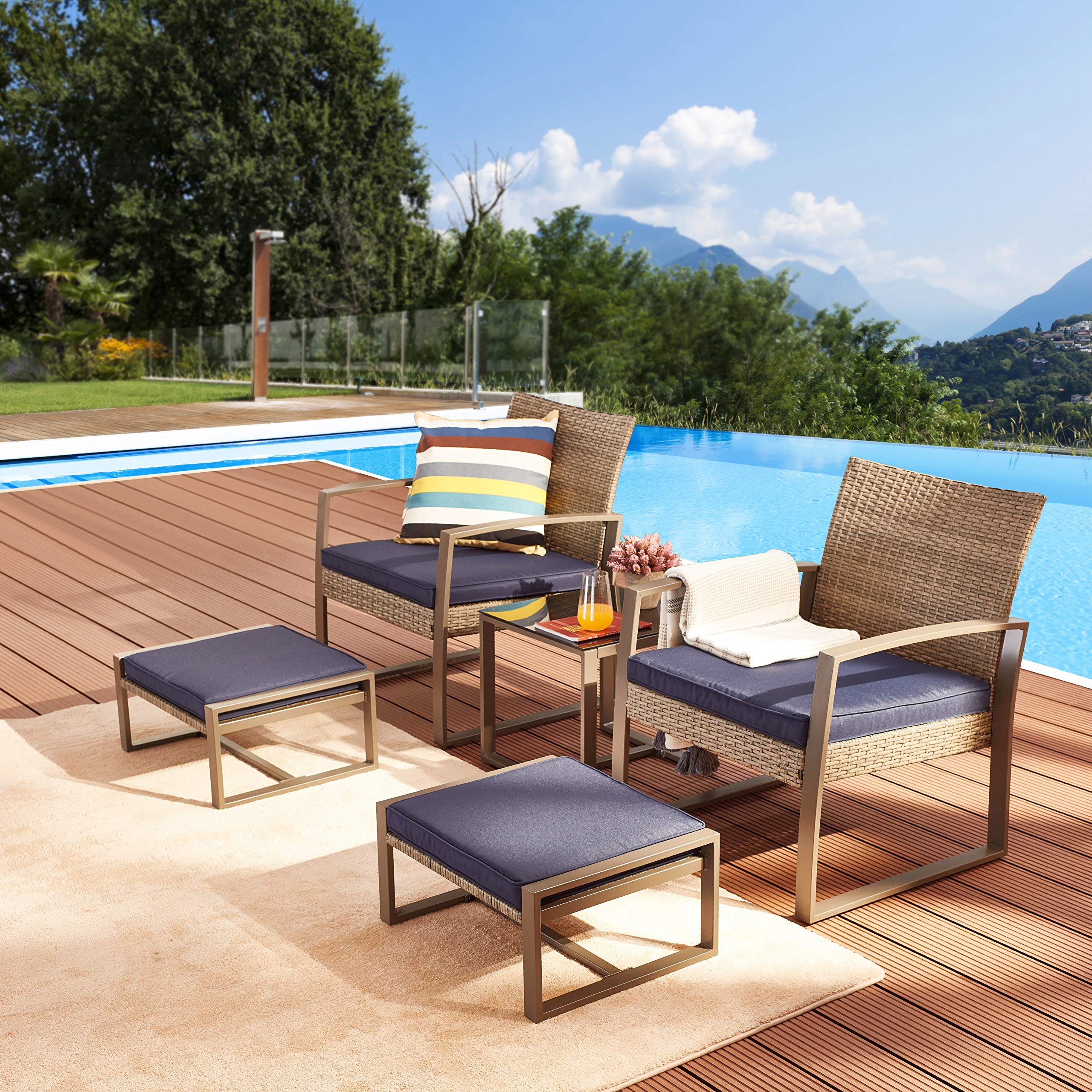 5-Piece PE Rattan Patio Furniture Set - Outdoor Wicker Conversation Set with Cushioned Chairs, Ottoman & Side Table for Porch, Balcony or Garden (Blue) | Perfect for Relaxing, Entertaining & Outdoor Gatherings
