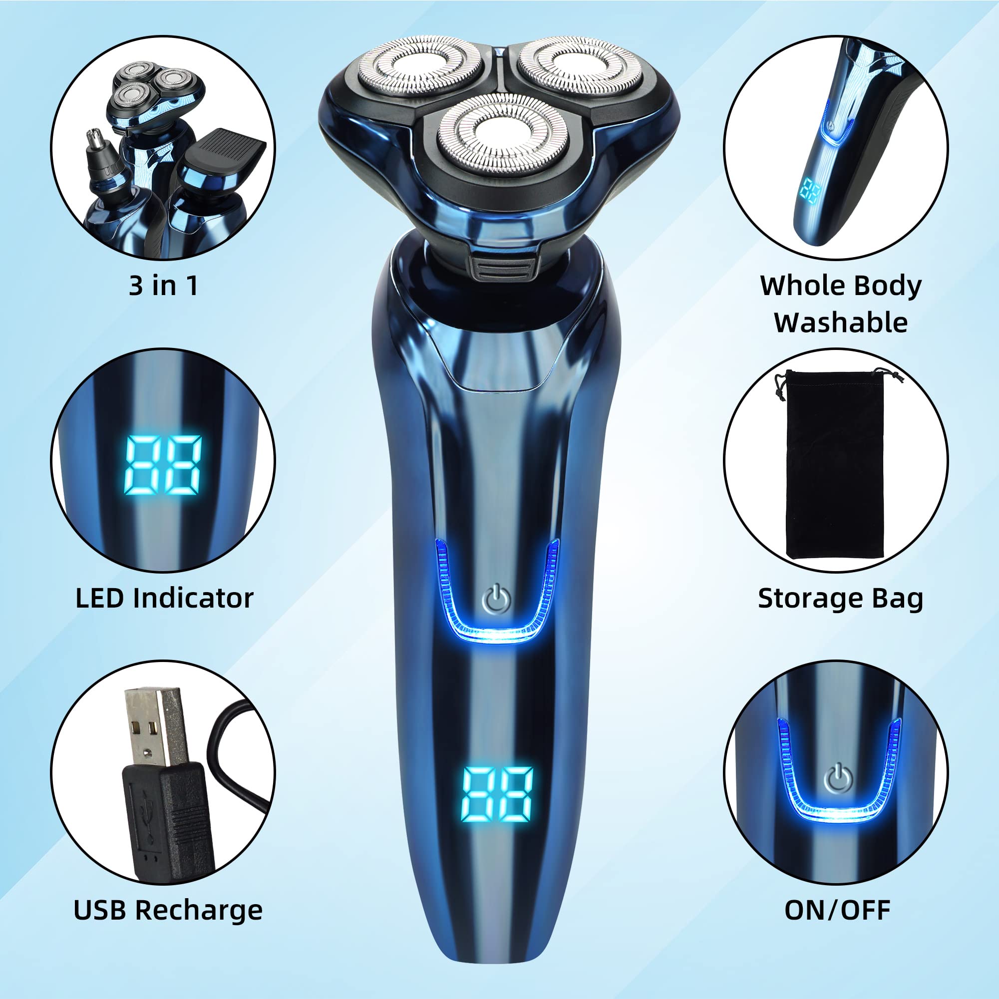 Premium 3-in-1 Electric Razor for Men - Wet & Dry Waterproof Shaver with Precision Blades | Smooth Shaving for Face, Head & Body | Ideal for Travel & Daily Grooming (Blue)
