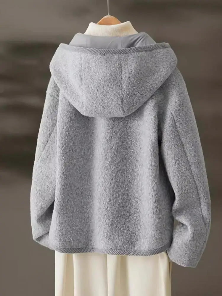 Women's Grey Hooded Jacket - Korean Fashion Long Sleeve Single Breasted Coat for Autumn Winter | Casual Loose Fit Holiday Tops | Perfect for Daily Wear, Travel & Outdoor Activities