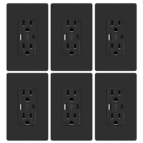 WEBANG 6-Pack USB Wall Outlet with 5.0A Type A & Type C Ports, 15A Tamper-Resistant Duplex Receptacle - Includes Screwless Wall Plate, ETL Listed, Glossy Black - Perfect for Home, Office & Hotel Charging Stations