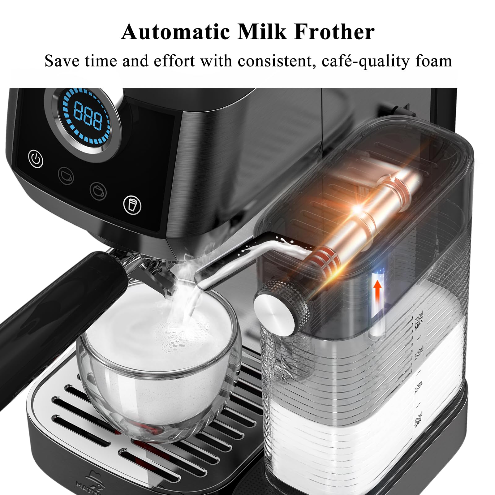 Premium 20 Bar Stainless Steel Espresso Machine with Automatic Milk Frother & Touchscreen - Perfect for Cappuccino, Latte & Espresso at Home or Office | Black