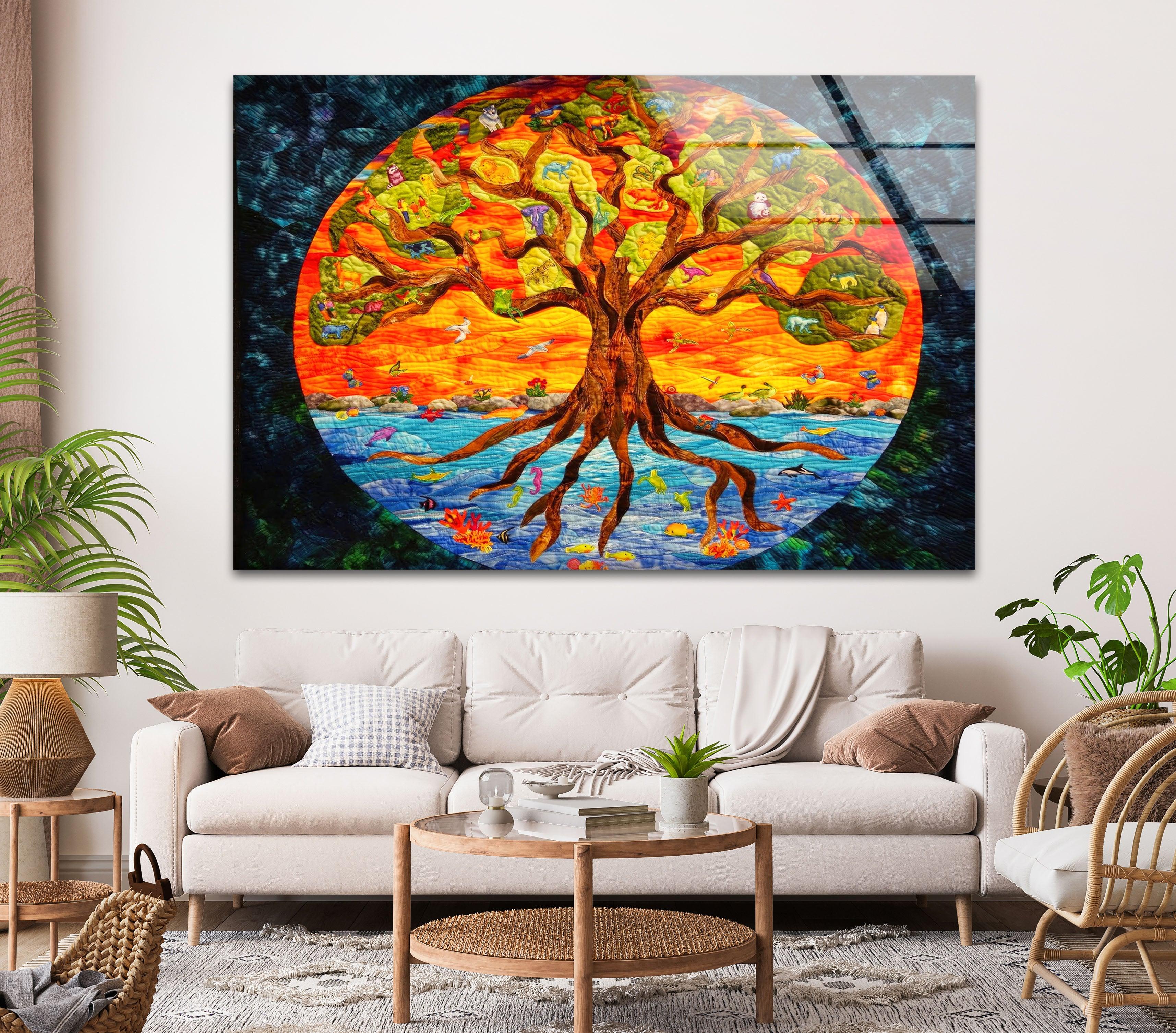 Big Tree of Life Glass Wall Art - Handmade Stained Glass Window Decor for Living Room, Bedroom & Office - Spiritual Home Decor Gift