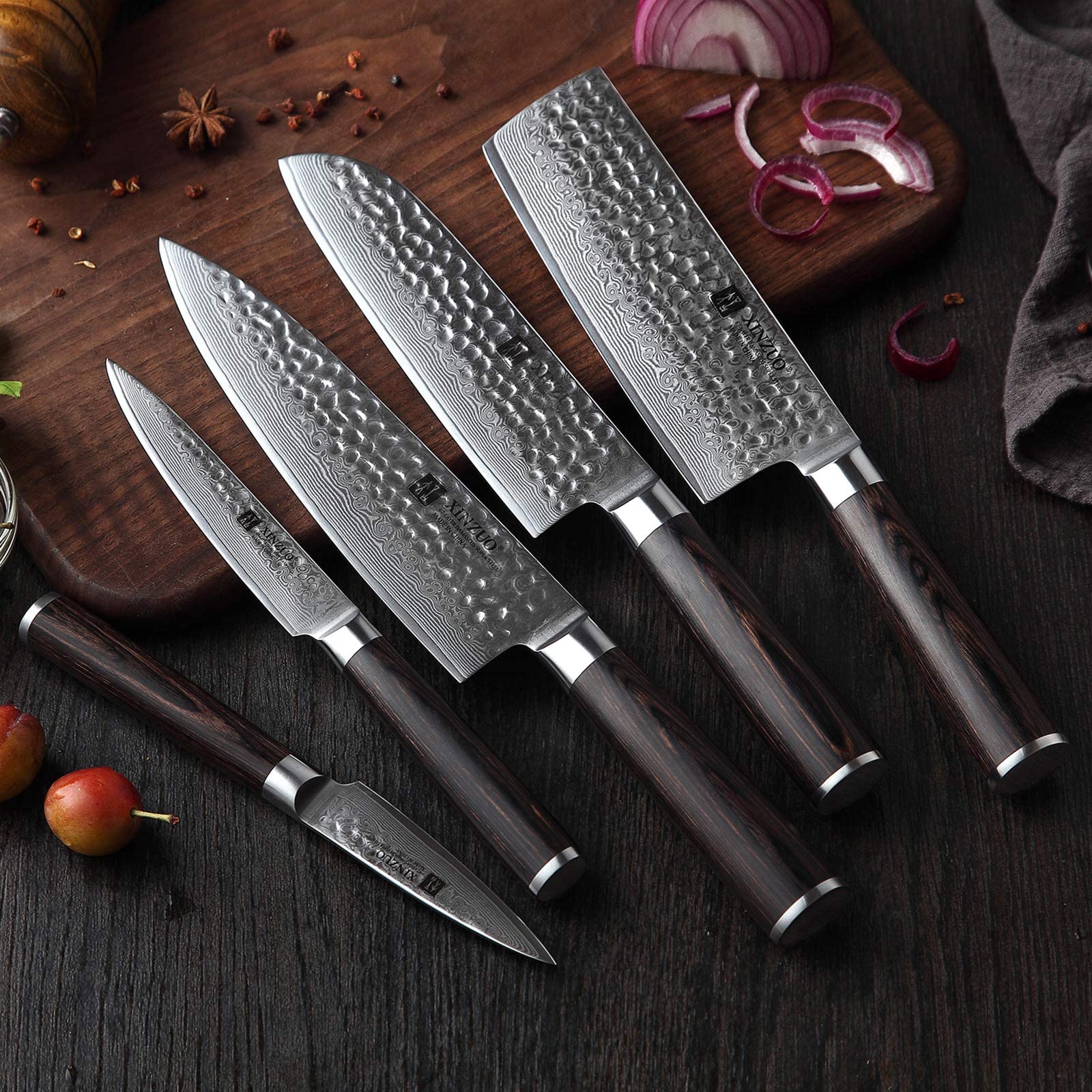 Premium 7-Piece Damascus Steel Knife Set with Wooden Block - Professional Chef Knives for Home Cooking & Culinary Gifts - Pakkawood Handle Knife Set - Perfect for Kitchen Prep, Meat Cutting & Vegetable Chopping
