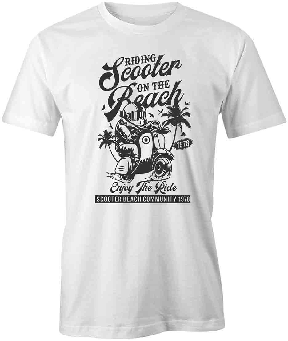 Beach Riding Scooter Graphic T-Shirt - White Printed Cotton Tee for Men & Women | Casual Summer Wear, Vacation Outfit, Surfing Enthusiast Apparel