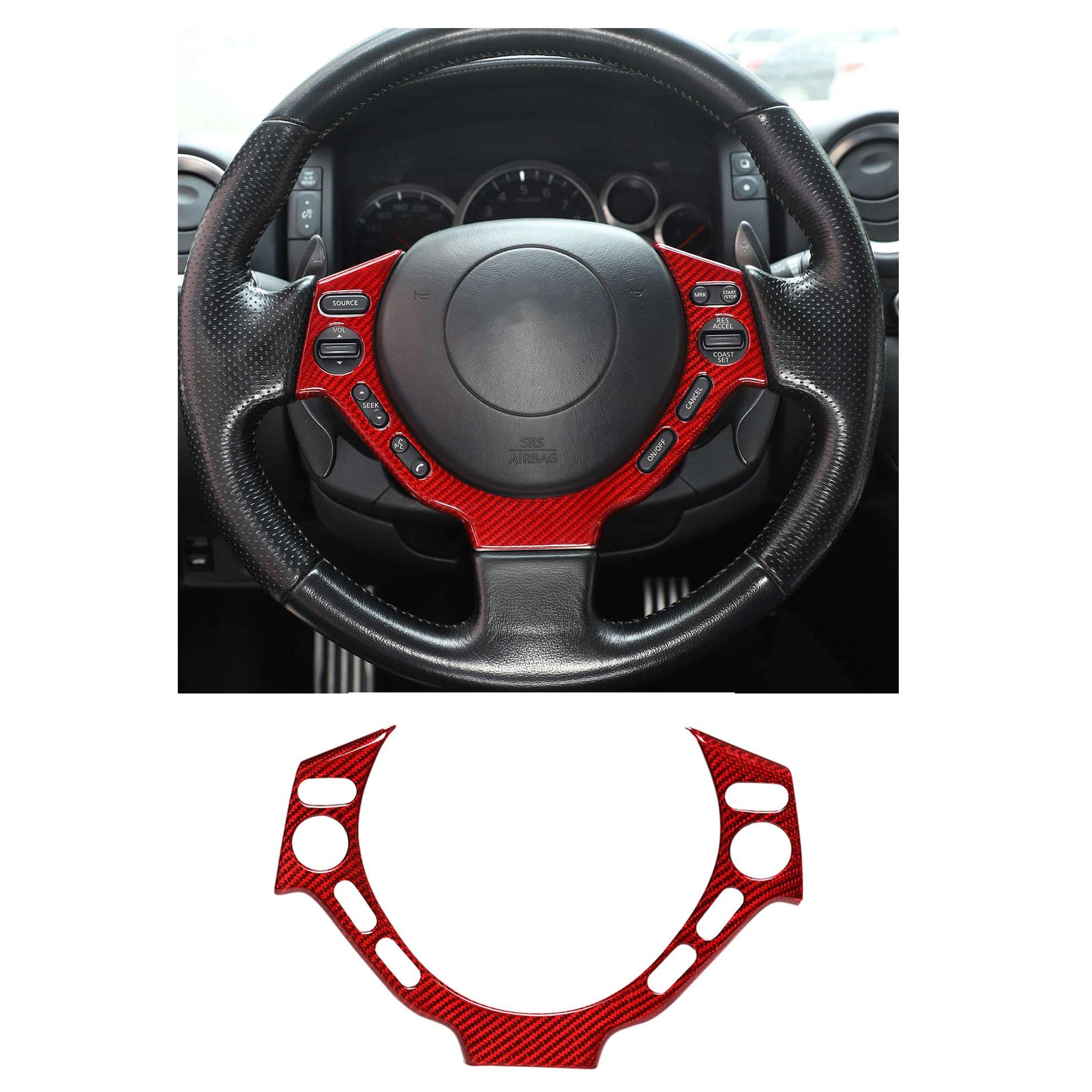 Real Carbon Fiber Steering Wheel Button Frame Sticker for Nissan GTR R35 (2008-2016) - Red Steering Wheel Accent Cover Trim | Premium Car Interior Upgrade for Sports Car Enthusiasts